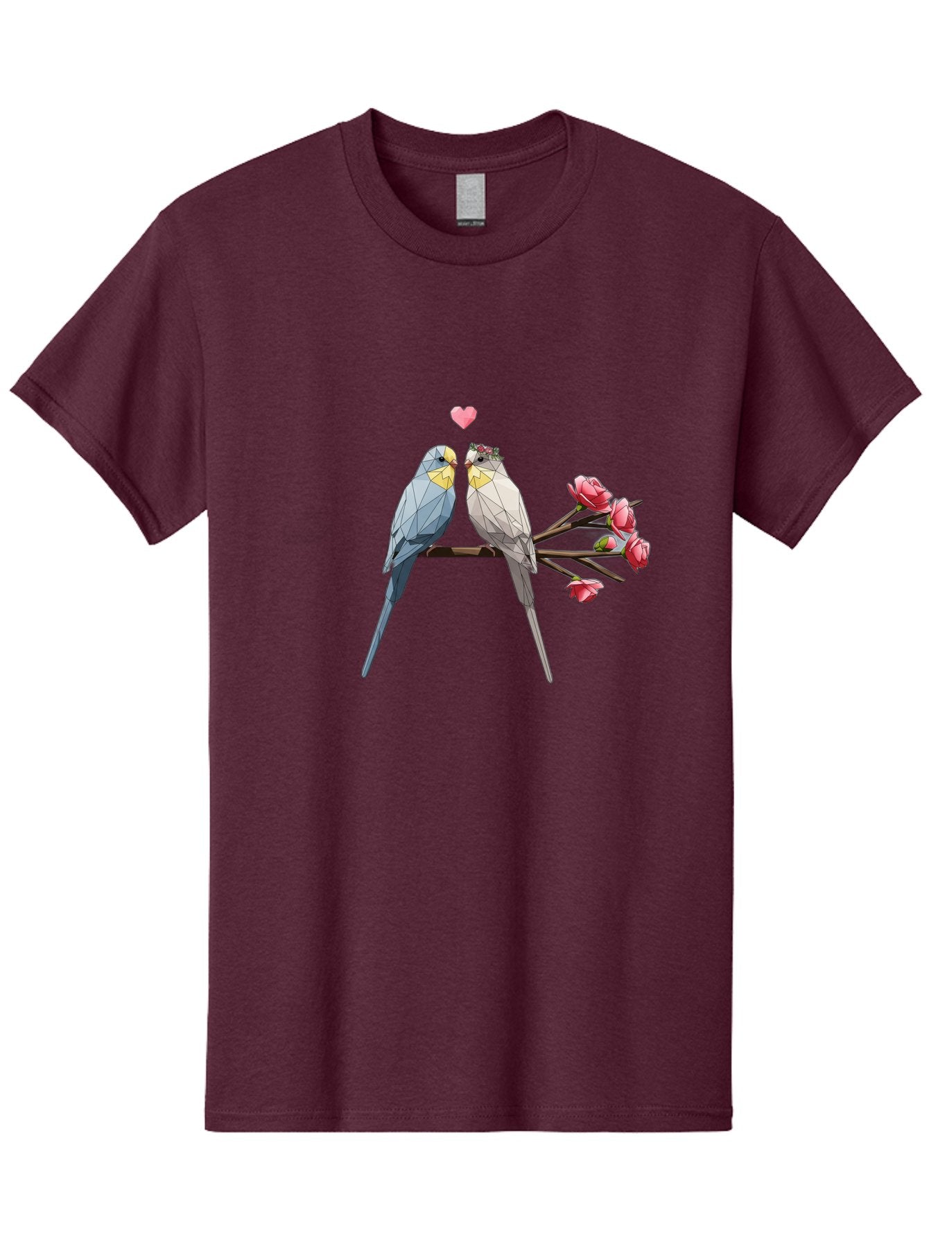Lovebirds Men'S Graphic Tee, 100% Cotton, Comfortable Casual Summer Wear, Machine Washable, Low Poly Lovebirds, Pink Flowers, Couple Birds, Love Heart, Tender Moment, Geometric Art, Pastel Colors, Romantic Scene, Valentine'S Day Baa934 13