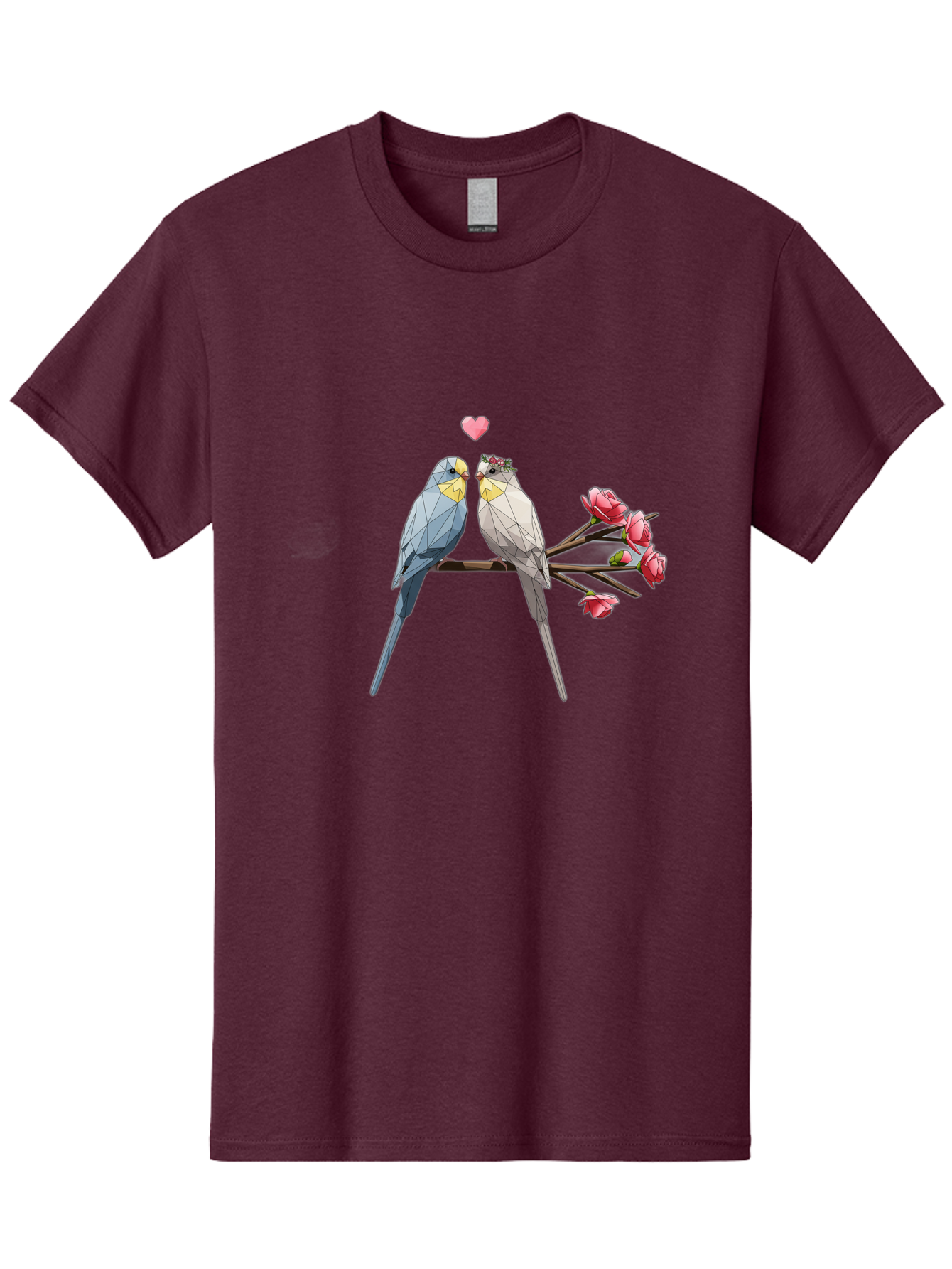 Lovebirds Men'S Graphic Tee, 100% Cotton, Comfortable Casual Summer Wear, Machine Washable, Low Poly Lovebirds, Pink Flowers, Couple Birds, Love Heart, Tender Moment, Geometric Art, Pastel Colors, Romantic Scene, Valentine'S Day Baa934 29