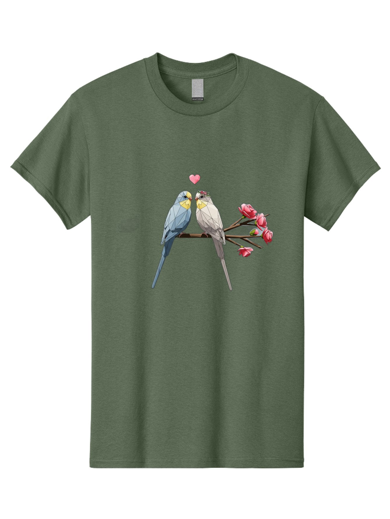 Lovebirds Men'S Graphic Tee, 100% Cotton, Comfortable Casual Summer Wear, Machine Washable, Low Poly Lovebirds, Pink Flowers, Couple Birds, Love Heart, Tender Moment, Geometric Art, Pastel Colors, Romantic Scene, Valentine'S Day Baa934 14