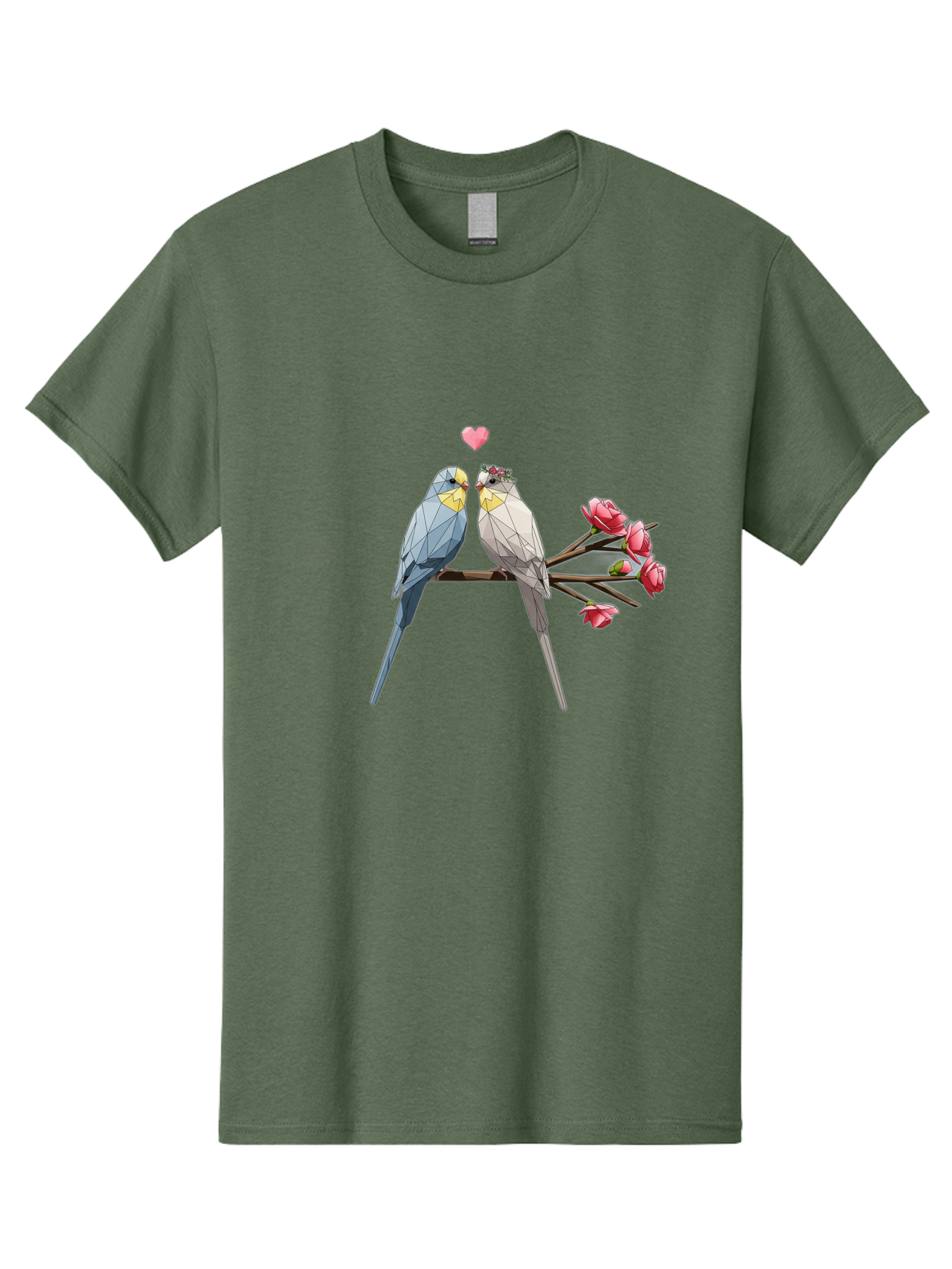 Lovebirds Men'S Graphic Tee, 100% Cotton, Comfortable Casual Summer Wear, Machine Washable, Low Poly Lovebirds, Pink Flowers, Couple Birds, Love Heart, Tender Moment, Geometric Art, Pastel Colors, Romantic Scene, Valentine'S Day Baa934 3
