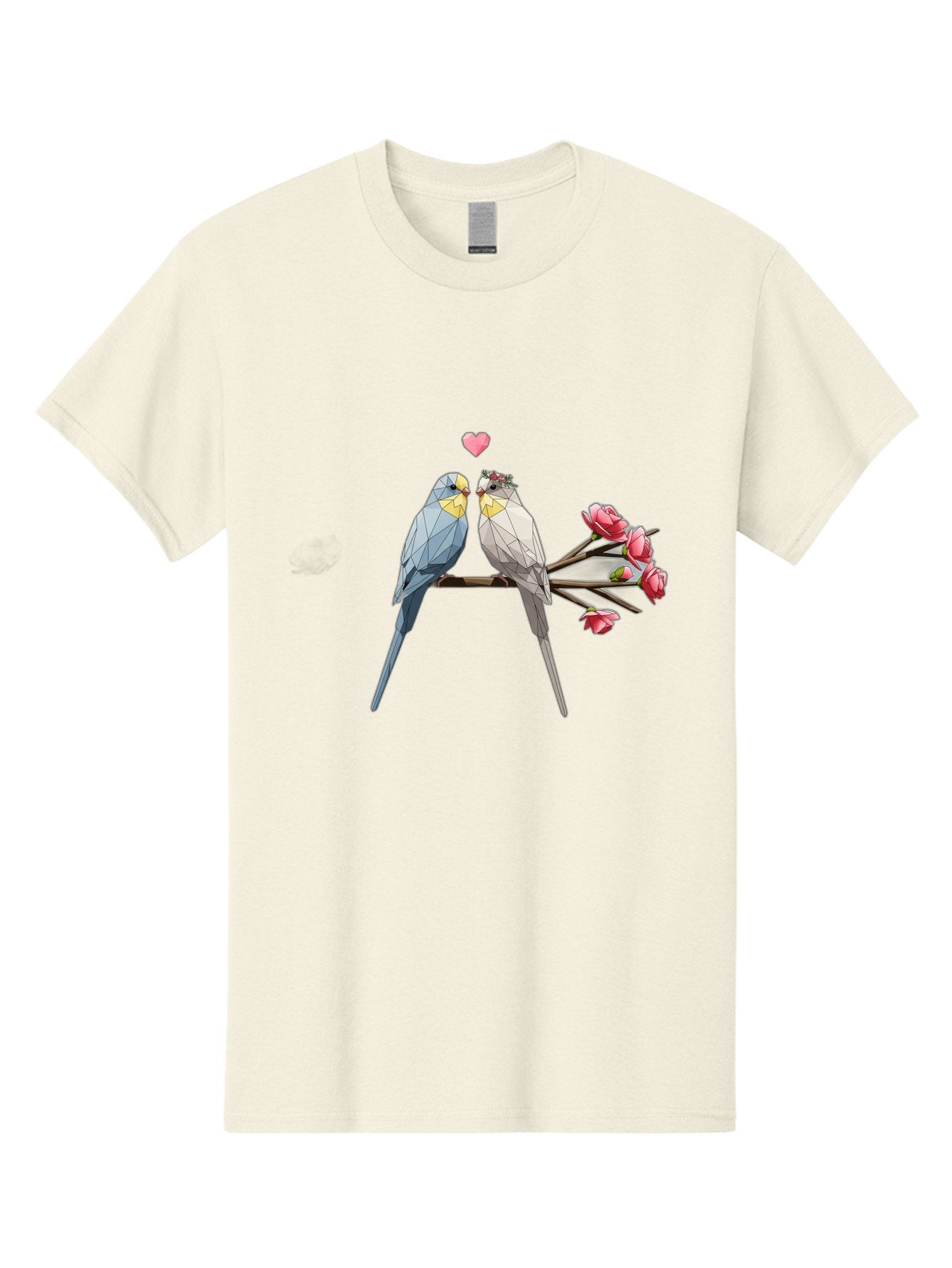 Lovebirds Men'S Graphic Tee, 100% Cotton, Comfortable Casual Summer Wear, Machine Washable, Low Poly Lovebirds, Pink Flowers, Couple Birds, Love Heart, Tender Moment, Geometric Art, Pastel Colors, Romantic Scene, Valentine'S Day Baa934 5