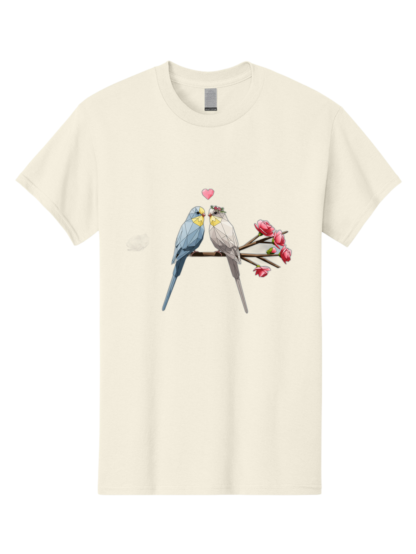 Lovebirds Men'S Graphic Tee, 100% Cotton, Comfortable Casual Summer Wear, Machine Washable, Low Poly Lovebirds, Pink Flowers, Couple Birds, Love Heart, Tender Moment, Geometric Art, Pastel Colors, Romantic Scene, Valentine'S Day Baa934 15