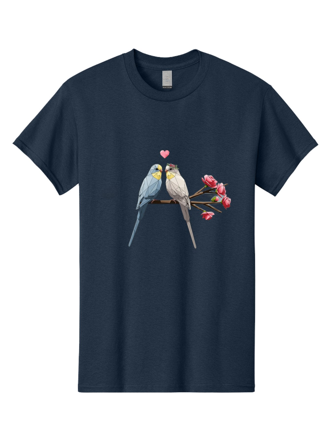 Lovebirds Men'S Graphic Tee, 100% Cotton, Comfortable Casual Summer Wear, Machine Washable, Low Poly Lovebirds, Pink Flowers, Couple Birds, Love Heart, Tender Moment, Geometric Art, Pastel Colors, Romantic Scene, Valentine'S Day Baa934 11