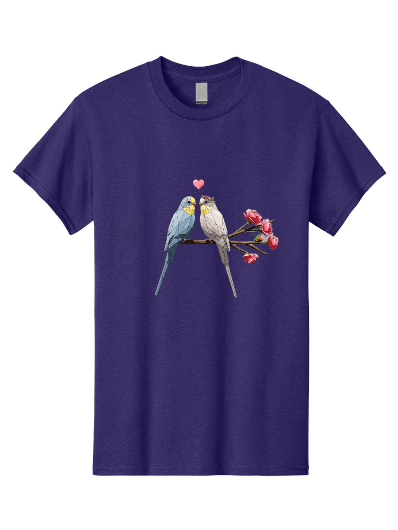 Lovebirds Men'S Graphic Tee, 100% Cotton, Comfortable Casual Summer Wear, Machine Washable, Low Poly Lovebirds, Pink Flowers, Couple Birds, Love Heart, Tender Moment, Geometric Art, Pastel Colors, Romantic Scene, Valentine'S Day Baa934 7