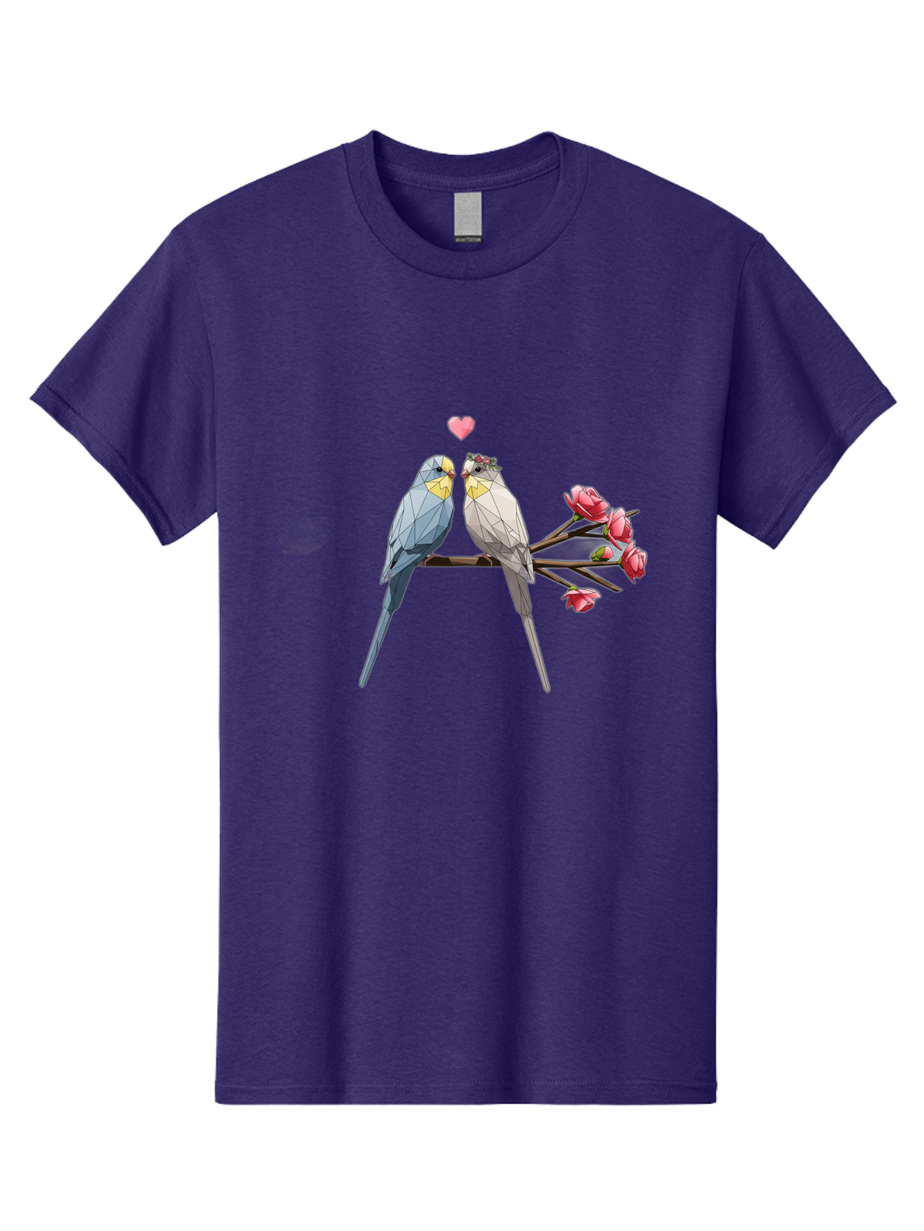 Lovebirds Men'S Graphic Tee, 100% Cotton, Comfortable Casual Summer Wear, Machine Washable, Low Poly Lovebirds, Pink Flowers, Couple Birds, Love Heart, Tender Moment, Geometric Art, Pastel Colors, Romantic Scene, Valentine'S Day Baa934 25