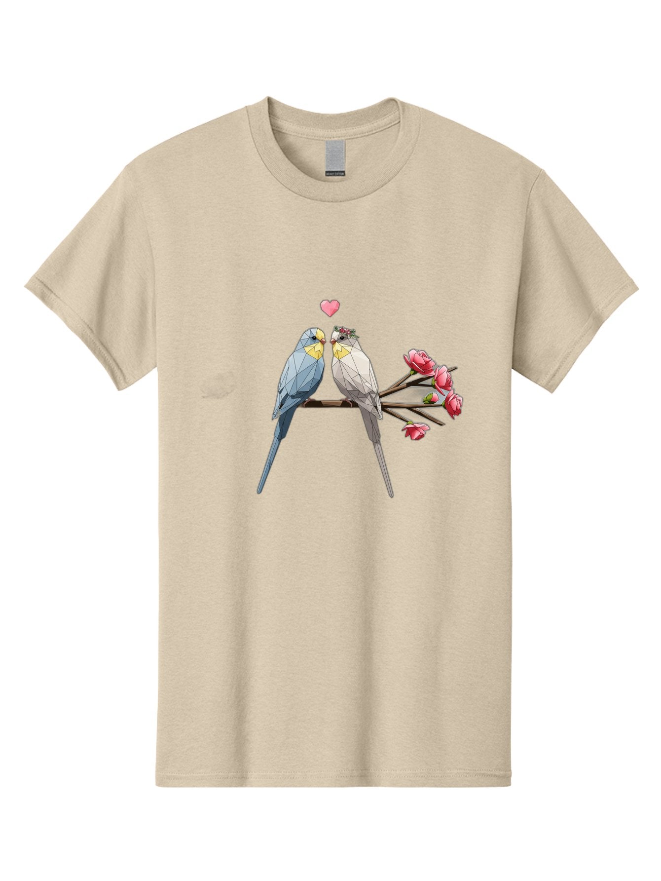 Lovebirds Men'S Graphic Tee, 100% Cotton, Comfortable Casual Summer Wear, Machine Washable, Low Poly Lovebirds, Pink Flowers, Couple Birds, Love Heart, Tender Moment, Geometric Art, Pastel Colors, Romantic Scene, Valentine'S Day Baa934 10