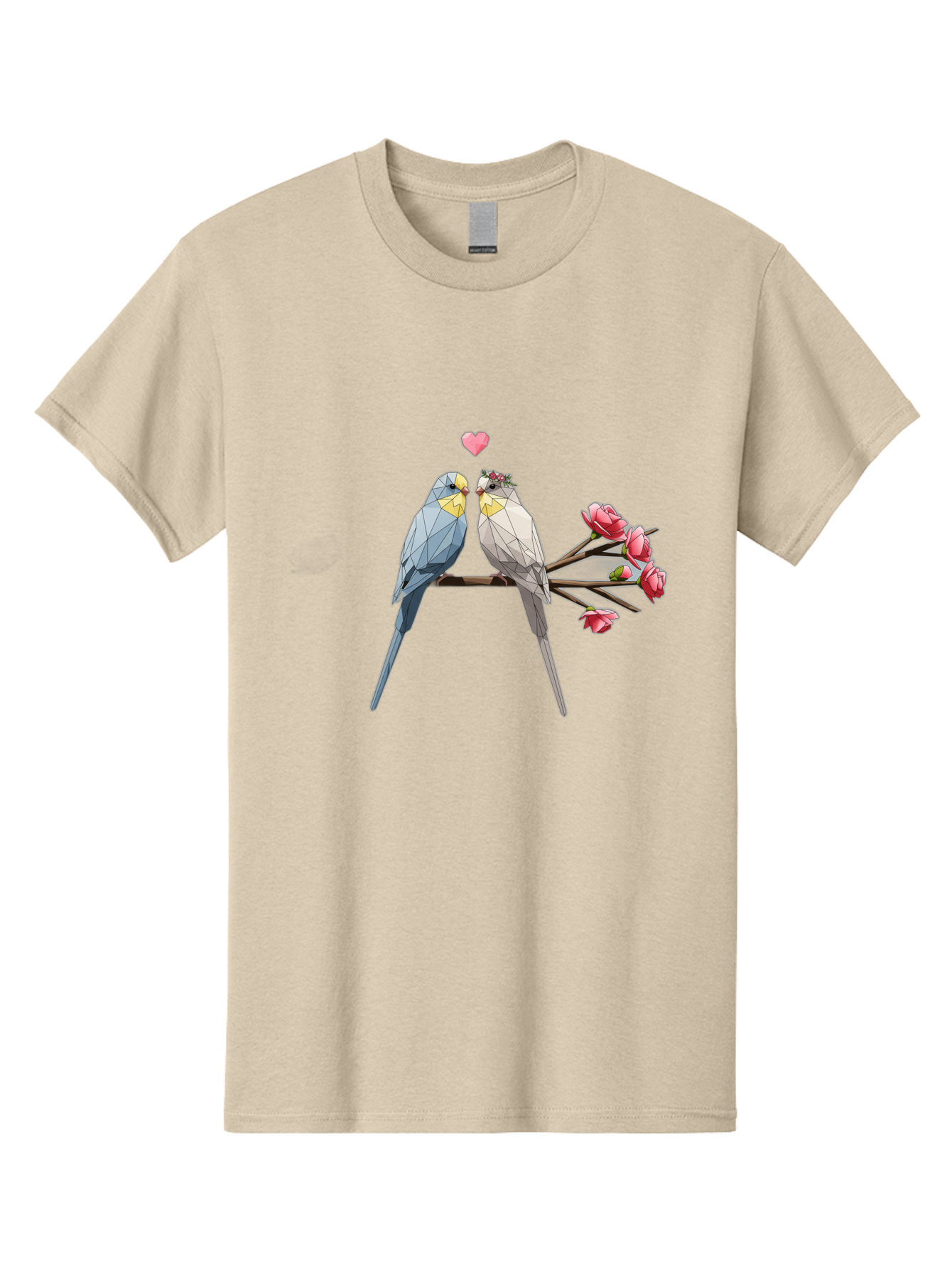 Lovebirds Men'S Graphic Tee, 100% Cotton, Comfortable Casual Summer Wear, Machine Washable, Low Poly Lovebirds, Pink Flowers, Couple Birds, Love Heart, Tender Moment, Geometric Art, Pastel Colors, Romantic Scene, Valentine'S Day Baa934 27