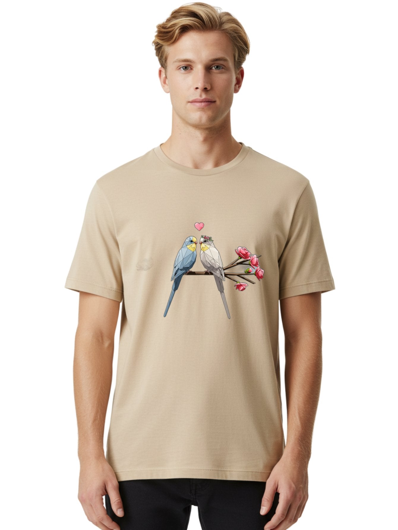 Lovebirds Men'S Graphic Tee, 100% Cotton, Comfortable Casual Summer Wear, Machine Washable, Low Poly Lovebirds, Pink Flowers, Couple Birds, Love Heart, Tender Moment, Geometric Art, Pastel Colors, Romantic Scene, Valentine'S Day Baa934 17