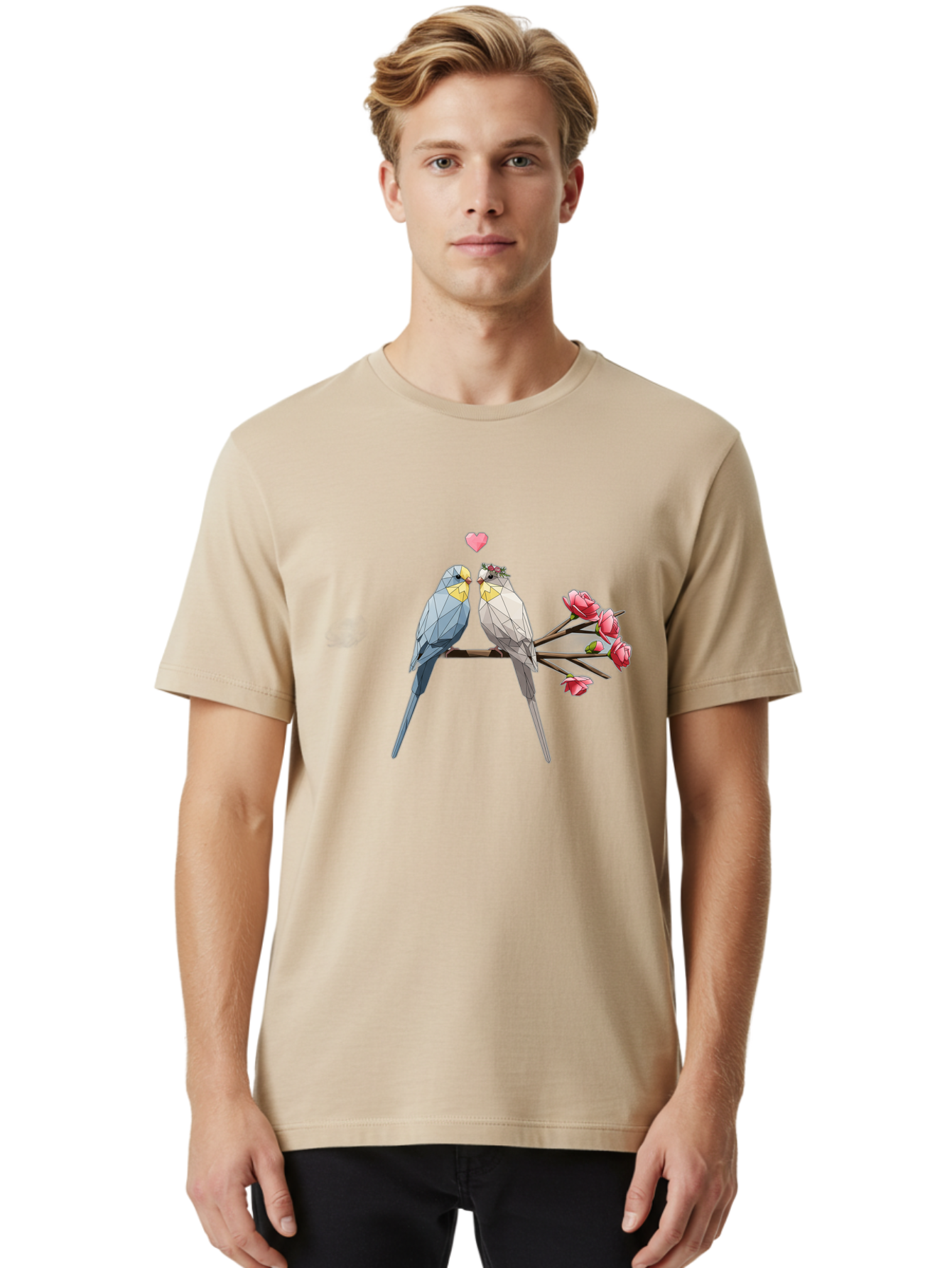 Lovebirds Men'S Graphic Tee, 100% Cotton, Comfortable Casual Summer Wear, Machine Washable, Low Poly Lovebirds, Pink Flowers, Couple Birds, Love Heart, Tender Moment, Geometric Art, Pastel Colors, Romantic Scene, Valentine'S Day Baa934 28