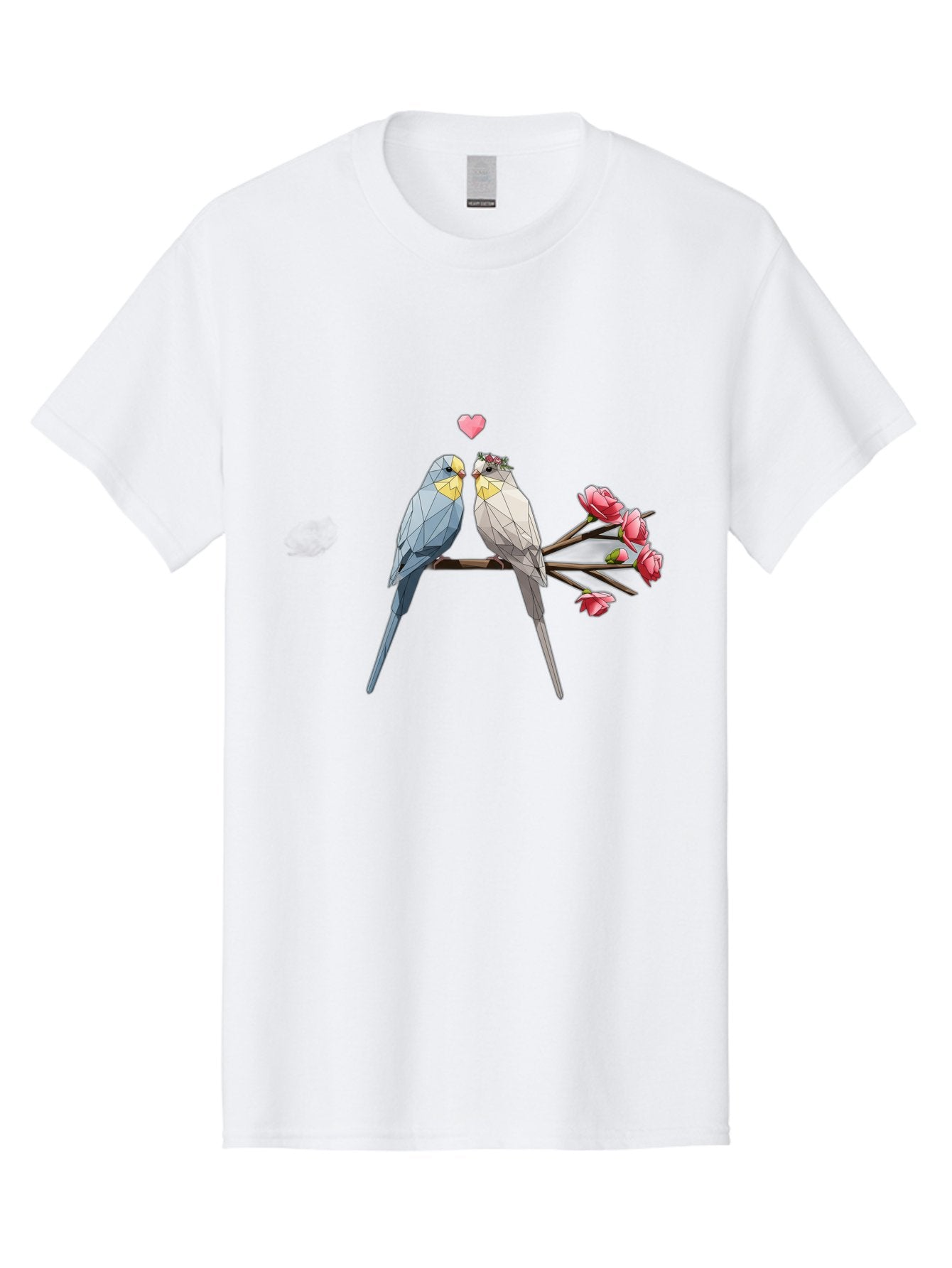 Lovebirds Men'S Graphic Tee, 100% Cotton, Comfortable Casual Summer Wear, Machine Washable, Low Poly Lovebirds, Pink Flowers, Couple Birds, Love Heart, Tender Moment, Geometric Art, Pastel Colors, Romantic Scene, Valentine'S Day Baa934 8
