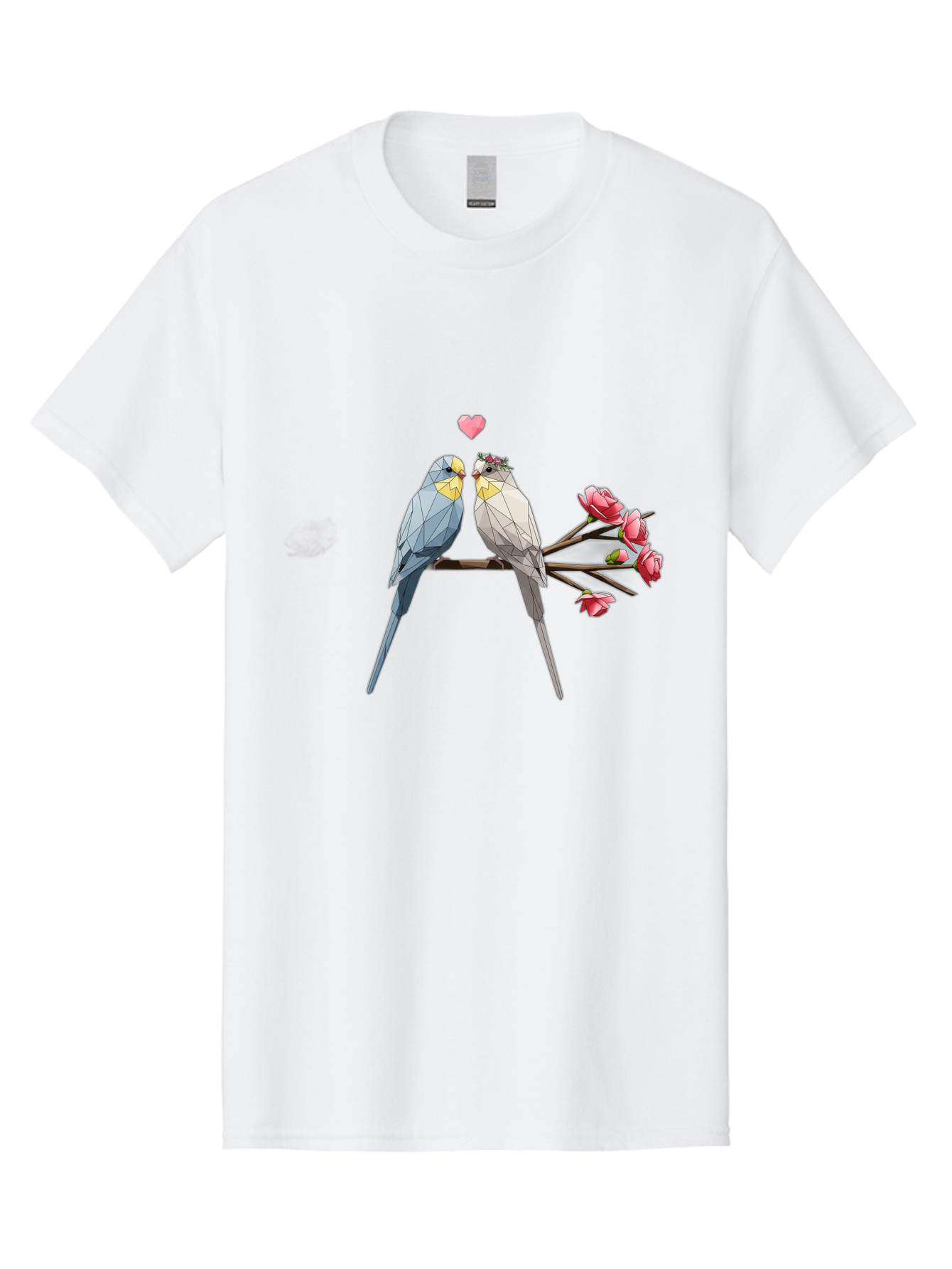 Lovebirds Men'S Graphic Tee, 100% Cotton, Comfortable Casual Summer Wear, Machine Washable, Low Poly Lovebirds, Pink Flowers, Couple Birds, Love Heart, Tender Moment, Geometric Art, Pastel Colors, Romantic Scene, Valentine'S Day Baa934 11