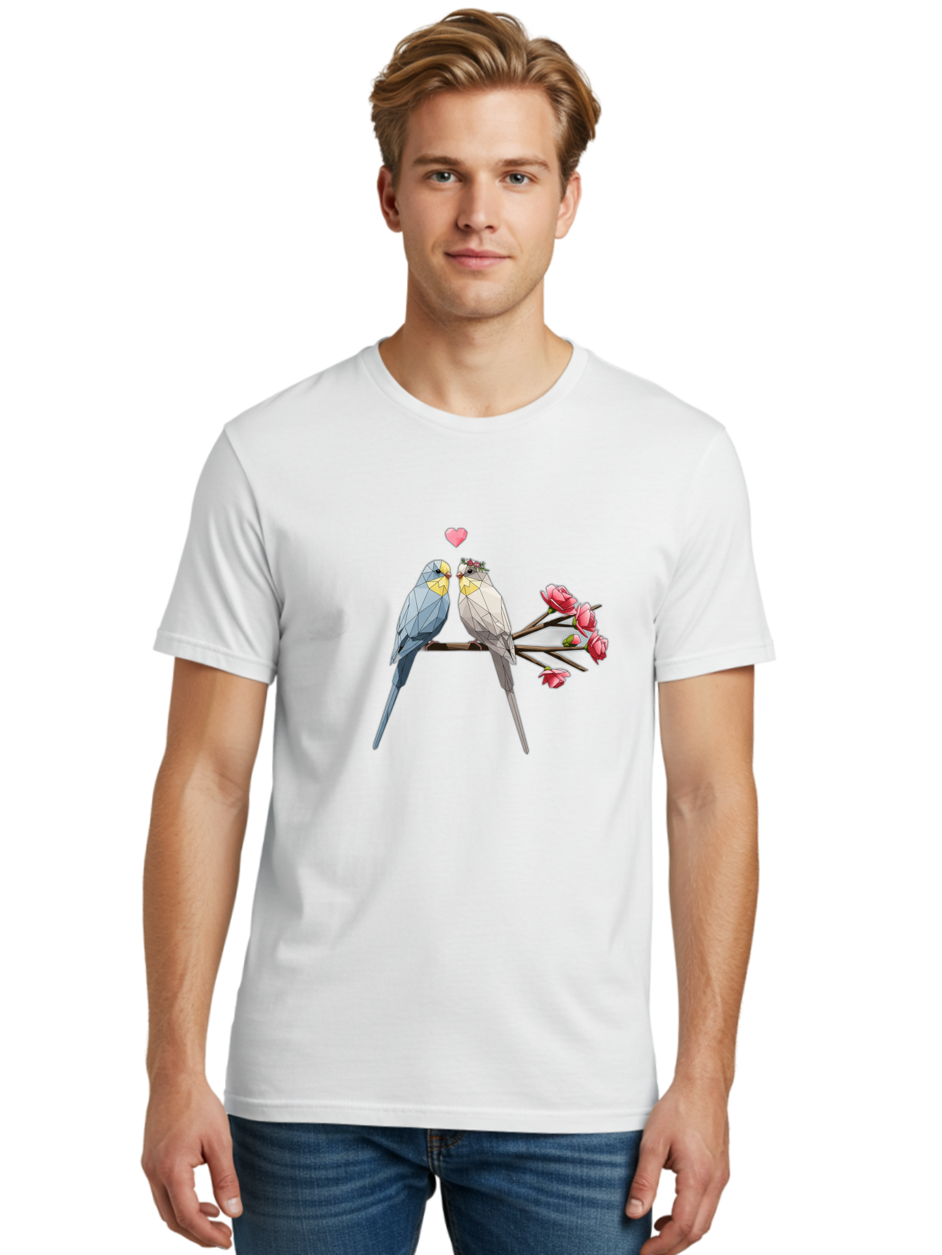 Lovebirds Men'S Graphic Tee, 100% Cotton, Comfortable Casual Summer Wear, Machine Washable, Low Poly Lovebirds, Pink Flowers, Couple Birds, Love Heart, Tender Moment, Geometric Art, Pastel Colors, Romantic Scene, Valentine'S Day Baa934 12