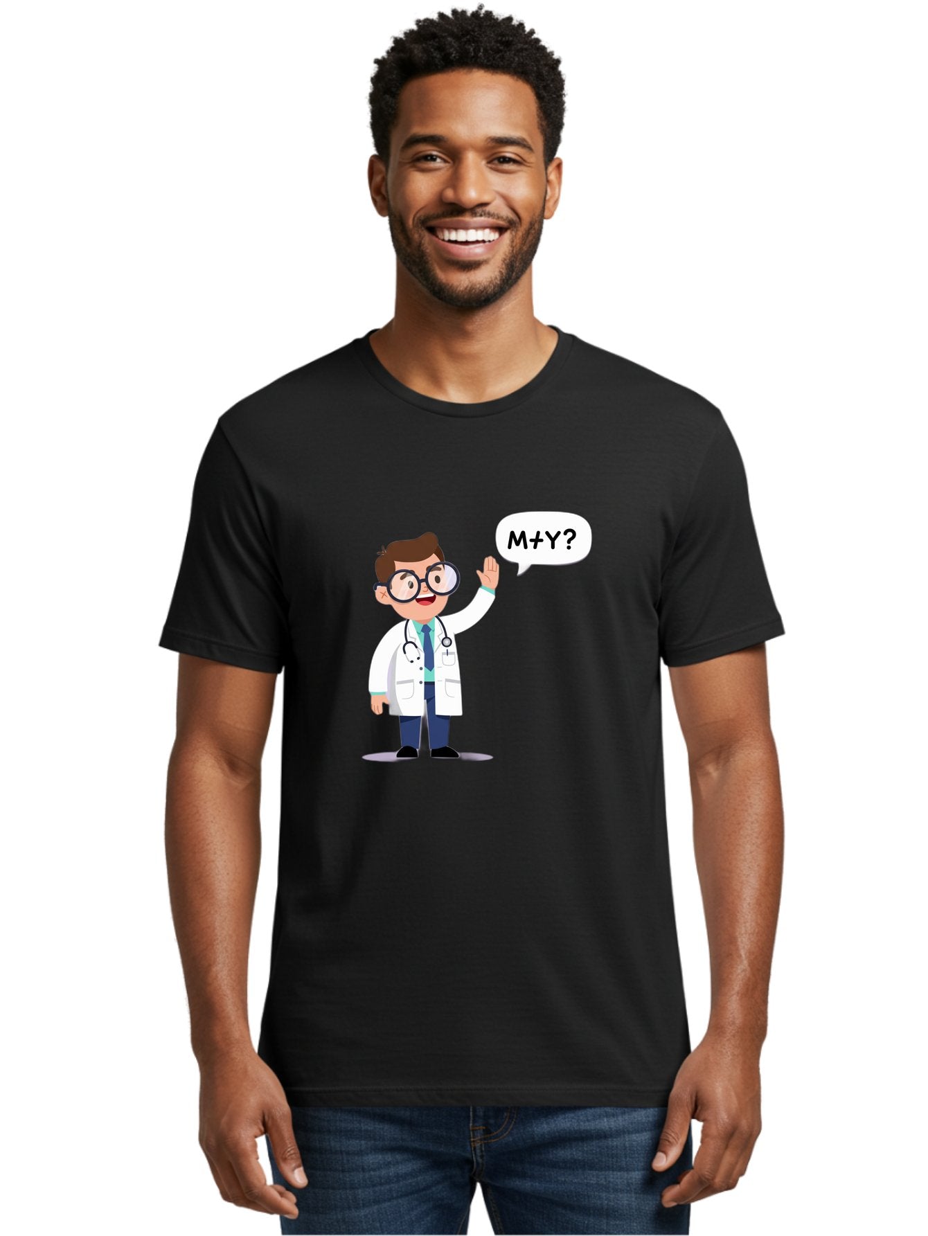 M-Y-Doctor Men'S Graphic Tee, 100% Cotton, Comfortable Casual Summer Wear, Machine Washable, Cartoon Doctor, Medical Professional, Stethoscope, White Coat, Blue Tie, Black Glasses, Waving Hand, Speech Bubble, M+Y?, Doctor Character, Baa935 25