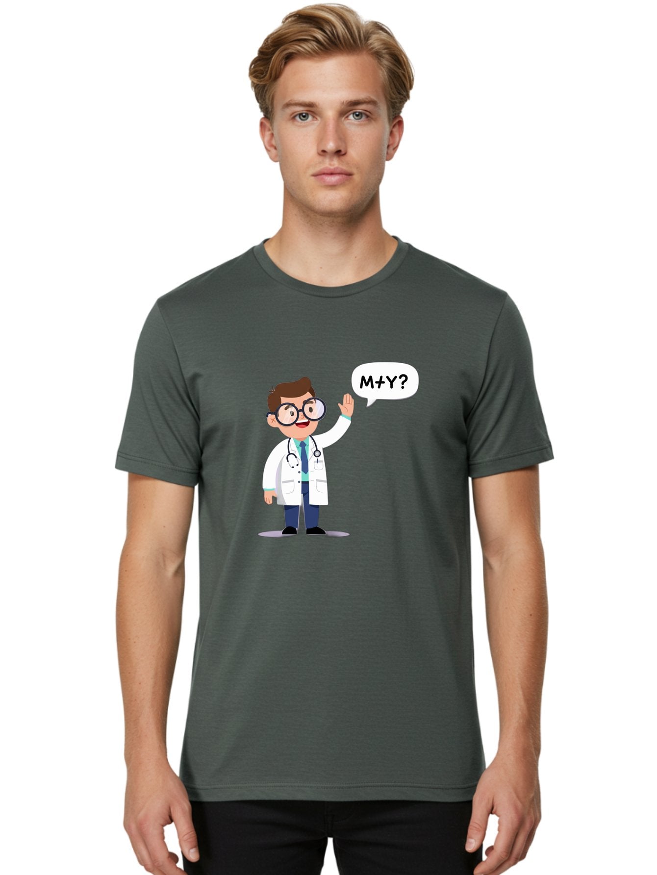 M-Y-Doctor Men'S Graphic Tee, 100% Cotton, Comfortable Casual Summer Wear, Machine Washable, Cartoon Doctor, Medical Professional, Stethoscope, White Coat, Blue Tie, Black Glasses, Waving Hand, Speech Bubble, M+Y?, Doctor Character, Baa935 19