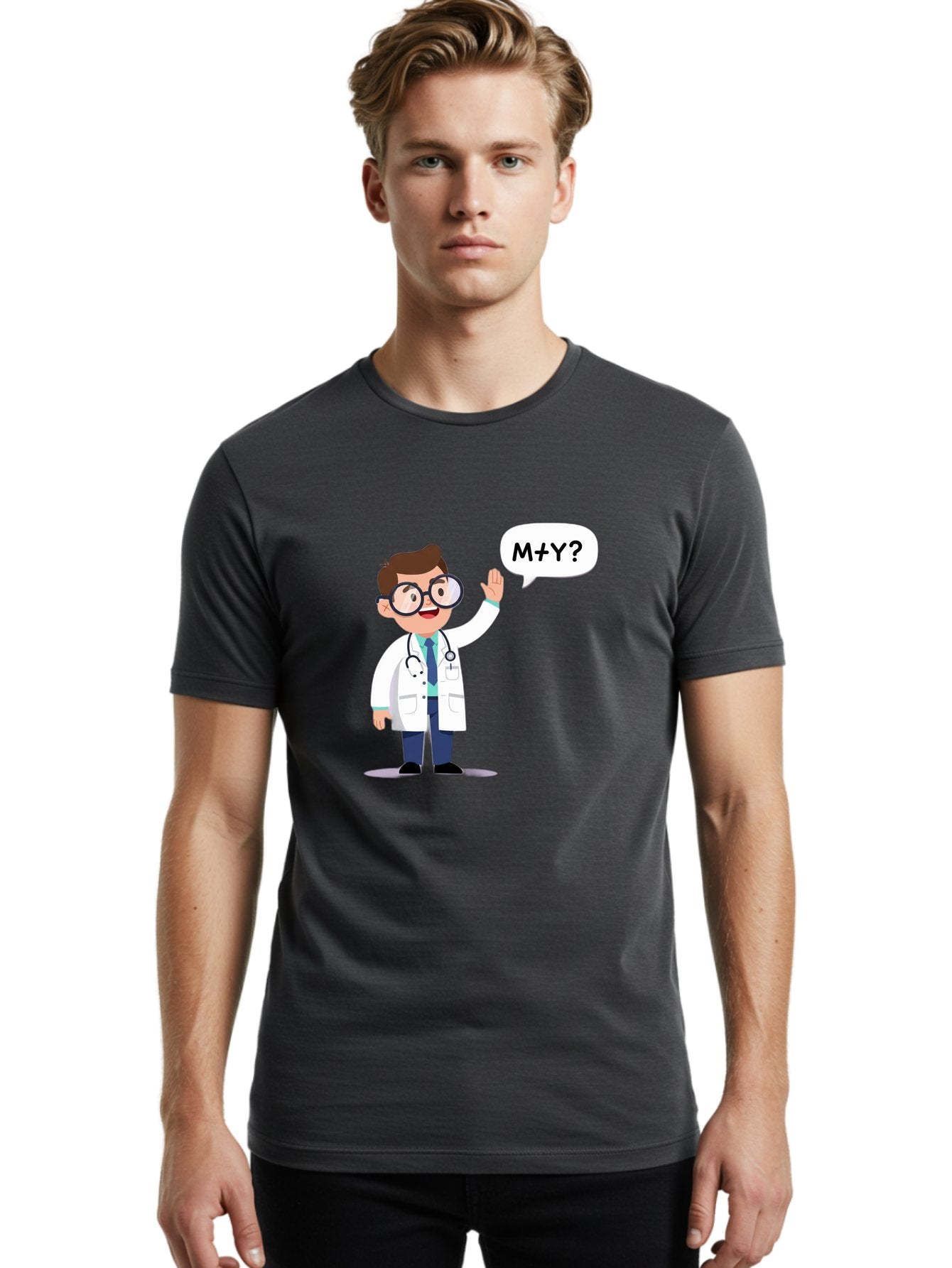 M-Y-Doctor Men'S Graphic Tee, 100% Cotton, Comfortable Casual Summer Wear, Machine Washable, Cartoon Doctor, Medical Professional, Stethoscope, White Coat, Blue Tie, Black Glasses, Waving Hand, Speech Bubble, M+Y?, Doctor Character, Baa935 20