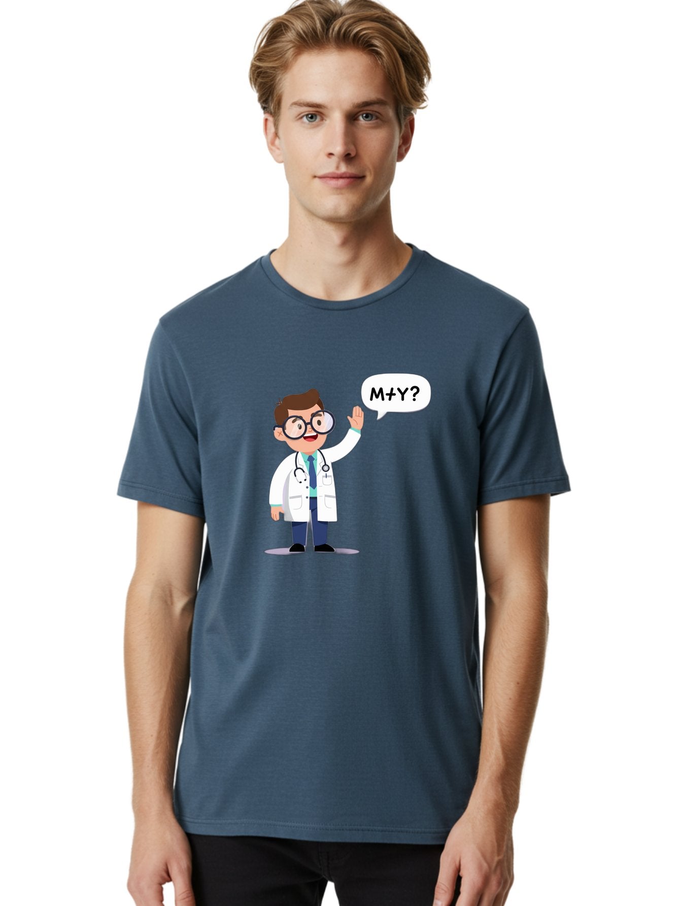 M-Y-Doctor Men'S Graphic Tee, 100% Cotton, Comfortable Casual Summer Wear, Machine Washable, Cartoon Doctor, Medical Professional, Stethoscope, White Coat, Blue Tie, Black Glasses, Waving Hand, Speech Bubble, M+Y?, Doctor Character, Baa935 18