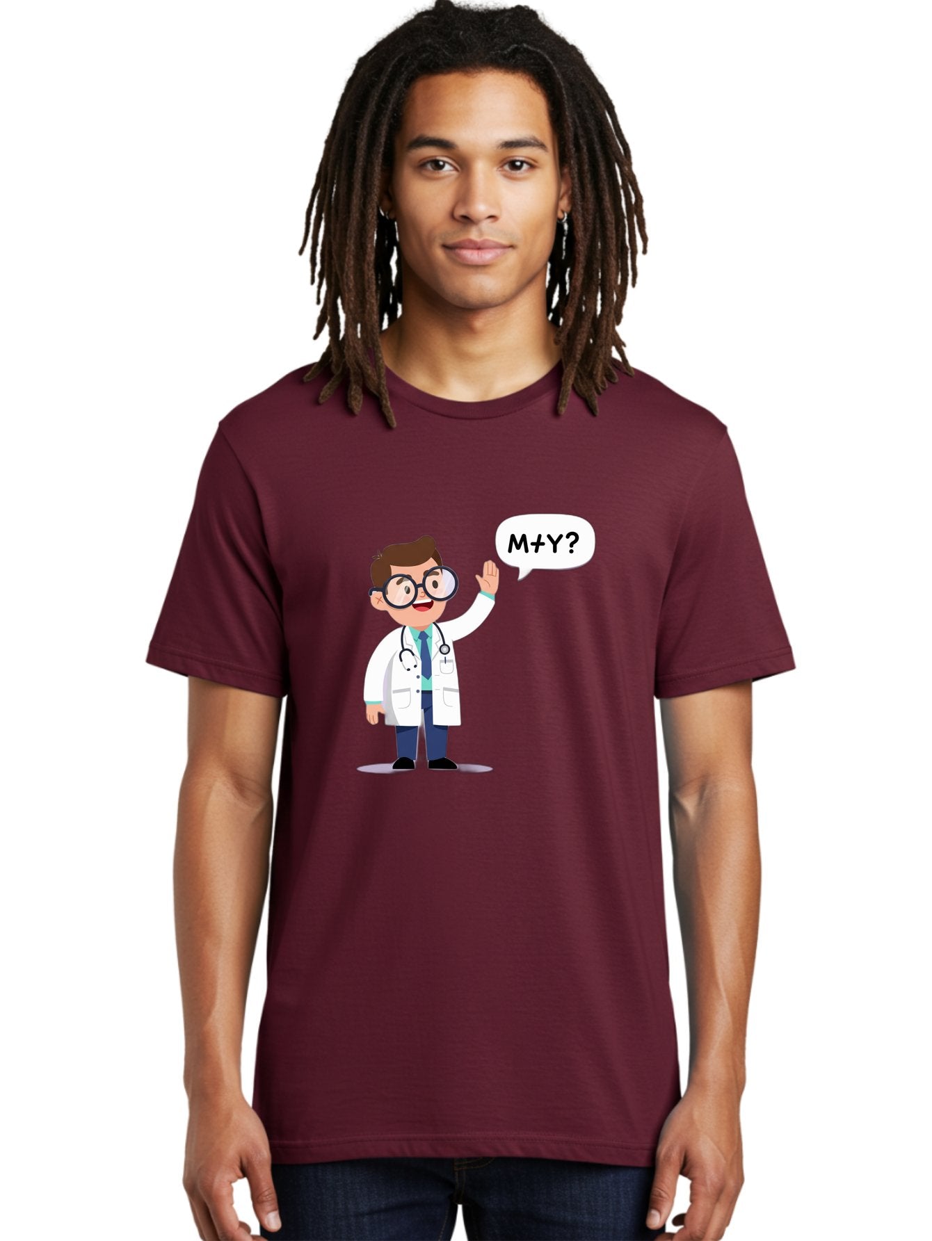 M-Y-Doctor Men'S Graphic Tee, 100% Cotton, Comfortable Casual Summer Wear, Machine Washable, Cartoon Doctor, Medical Professional, Stethoscope, White Coat, Blue Tie, Black Glasses, Waving Hand, Speech Bubble, M+Y?, Doctor Character, Baa935 23