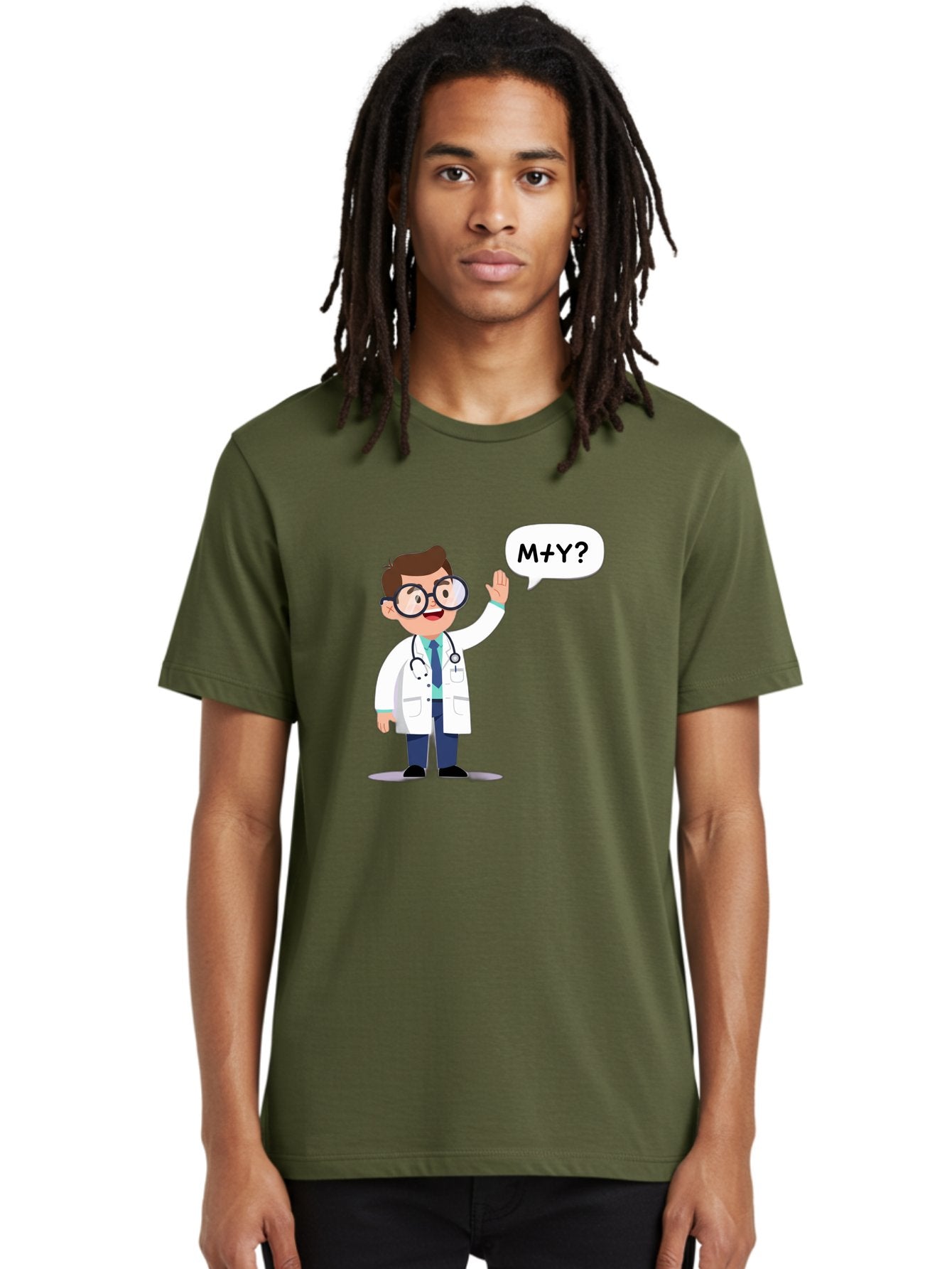 M-Y-Doctor Men'S Graphic Tee, 100% Cotton, Comfortable Casual Summer Wear, Machine Washable, Cartoon Doctor, Medical Professional, Stethoscope, White Coat, Blue Tie, Black Glasses, Waving Hand, Speech Bubble, M+Y?, Doctor Character, Baa935 24