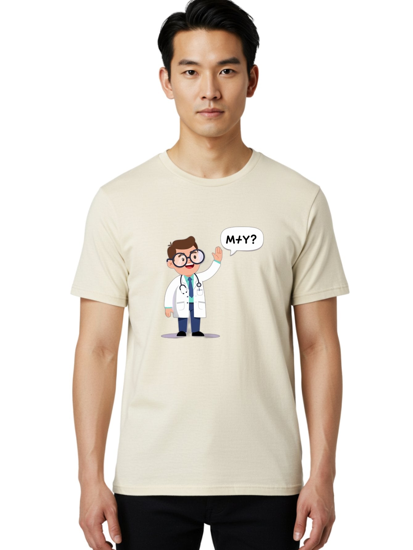 M-Y-Doctor Men'S Graphic Tee, 100% Cotton, Comfortable Casual Summer Wear, Machine Washable, Cartoon Doctor, Medical Professional, Stethoscope, White Coat, Blue Tie, Black Glasses, Waving Hand, Speech Bubble, M+Y?, Doctor Character, Baa935 29