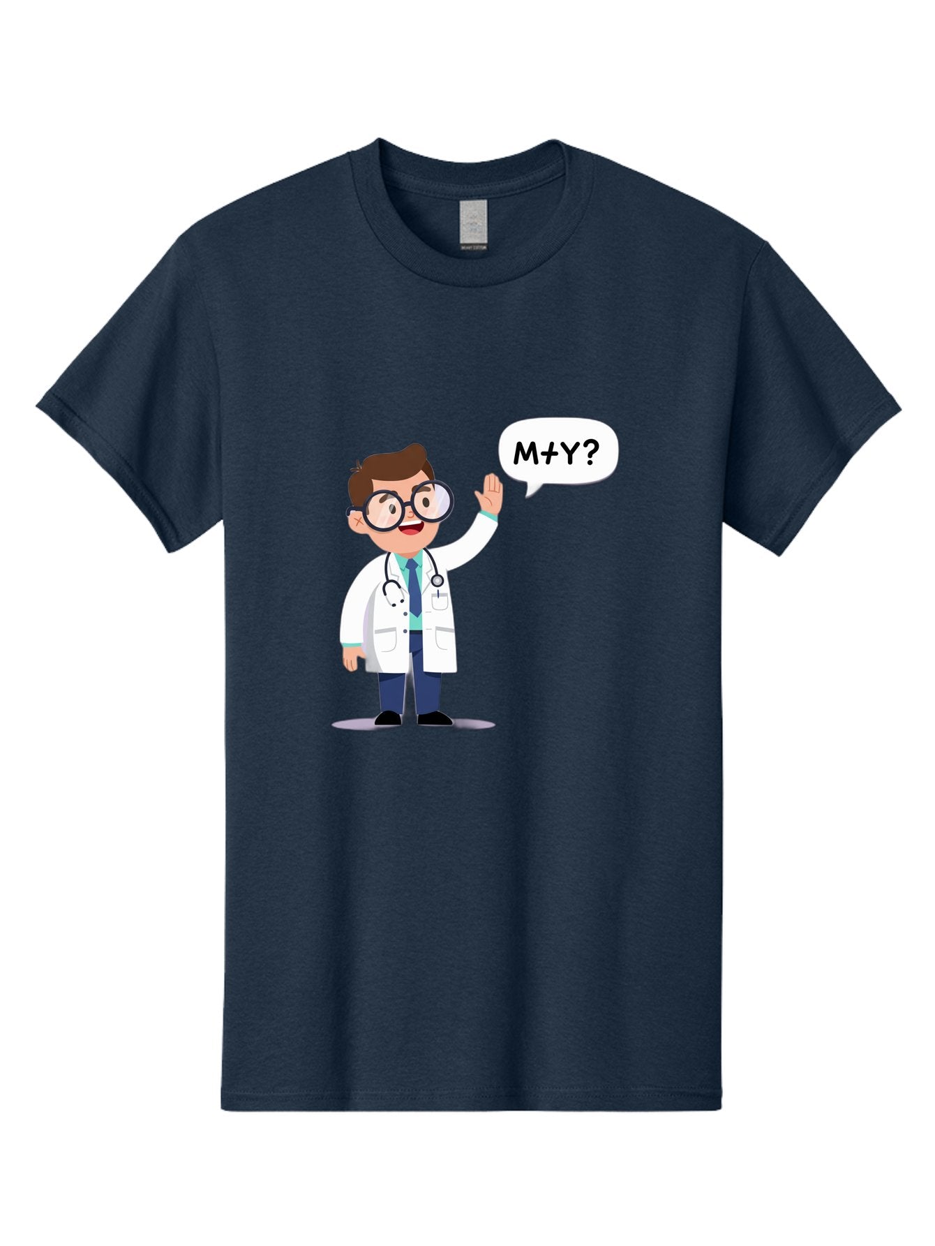 M-Y-Doctor Men'S Graphic Tee, 100% Cotton, Comfortable Casual Summer Wear, Machine Washable, Cartoon Doctor, Medical Professional, Stethoscope, White Coat, Blue Tie, Black Glasses, Waving Hand, Speech Bubble, M+Y?, Doctor Character, Baa935