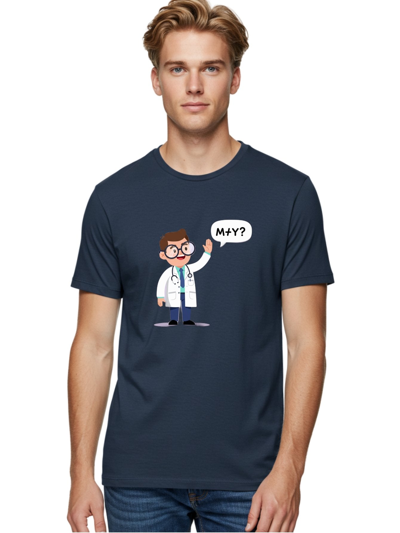 M-Y-Doctor Men'S Graphic Tee, 100% Cotton, Comfortable Casual Summer Wear, Machine Washable, Cartoon Doctor, Medical Professional, Stethoscope, White Coat, Blue Tie, Black Glasses, Waving Hand, Speech Bubble, M+Y?, Doctor Character, Baa935 21