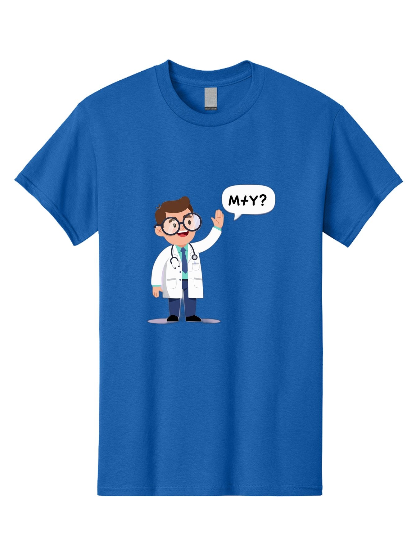 M-Y-Doctor Men'S Graphic Tee, 100% Cotton, Comfortable Casual Summer Wear, Machine Washable, Cartoon Doctor, Medical Professional, Stethoscope, White Coat, Blue Tie, Black Glasses, Waving Hand, Speech Bubble, M+Y?, Doctor Character, Baa935 9