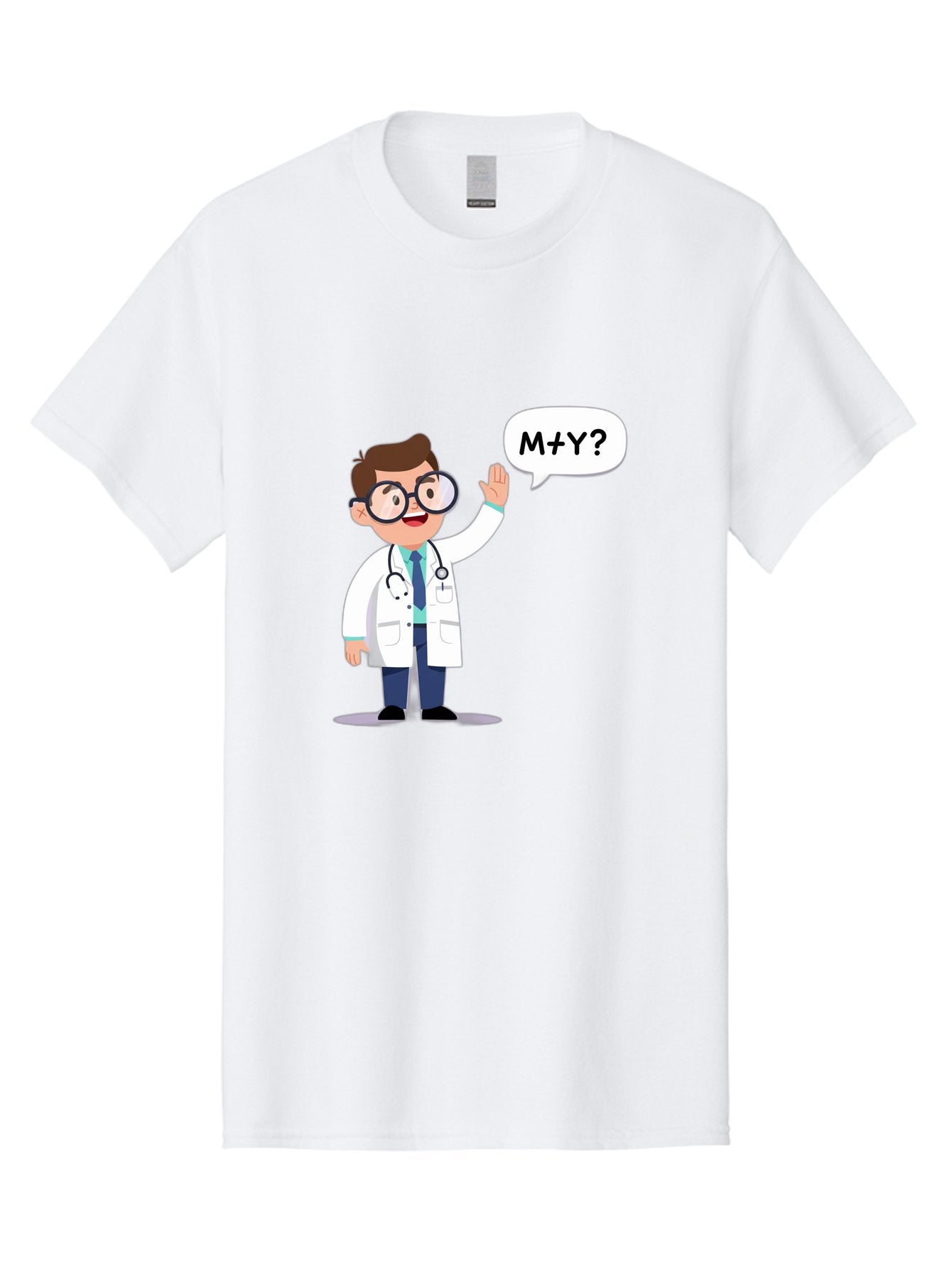 M-Y-Doctor Men'S Graphic Tee, 100% Cotton, Comfortable Casual Summer Wear, Machine Washable, Cartoon Doctor, Medical Professional, Stethoscope, White Coat, Blue Tie, Black Glasses, Waving Hand, Speech Bubble, M+Y?, Doctor Character, Baa935 11