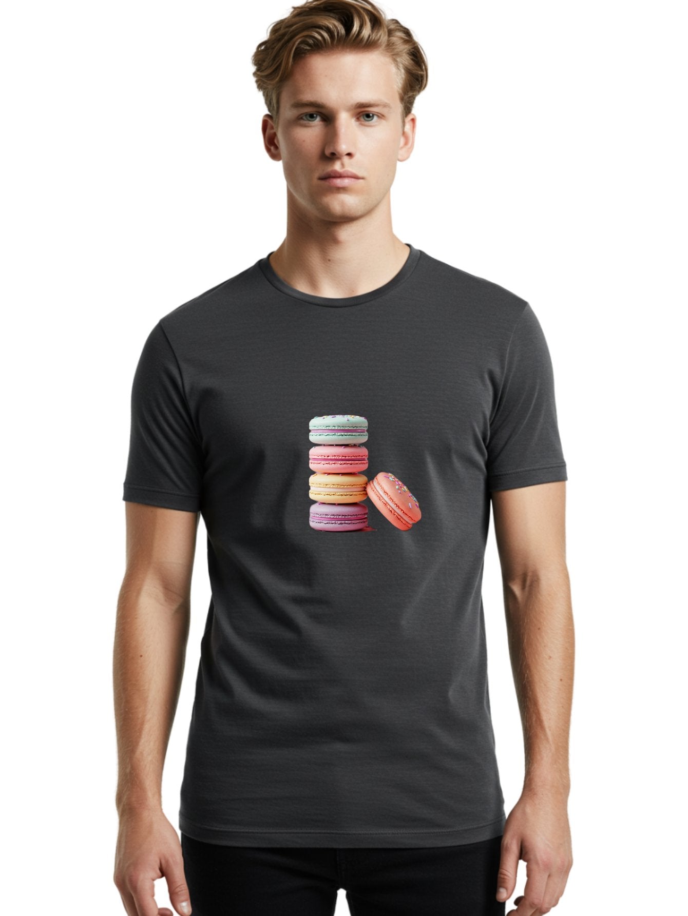 Macaron-Stack-1 Men'S Graphic Tee, 100% Cotton, Comfortable Casual Summer Wear, Machine Washable, Pastel-Colored Macarons, Stacked Macarons, Colorful Dessert, Sweet Treats, Macaron Stack, Vibrant Colors, Sweet Macarons, French Patisserie Baa937 19