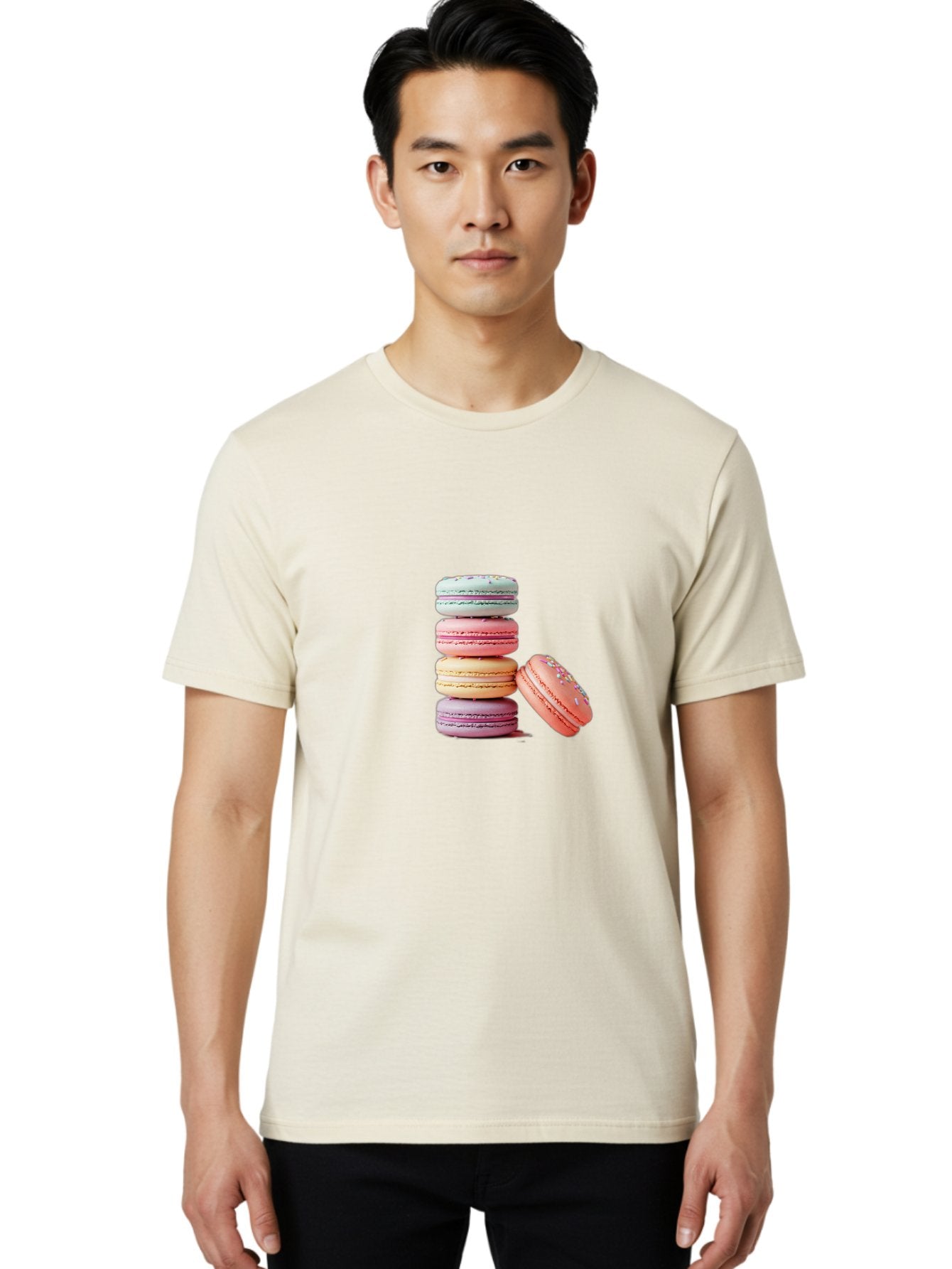 Macaron-Stack-1 Men'S Graphic Tee, 100% Cotton, Comfortable Casual Summer Wear, Machine Washable, Pastel-Colored Macarons, Stacked Macarons, Colorful Dessert, Sweet Treats, Macaron Stack, Vibrant Colors, Sweet Macarons, French Patisserie Baa937 29