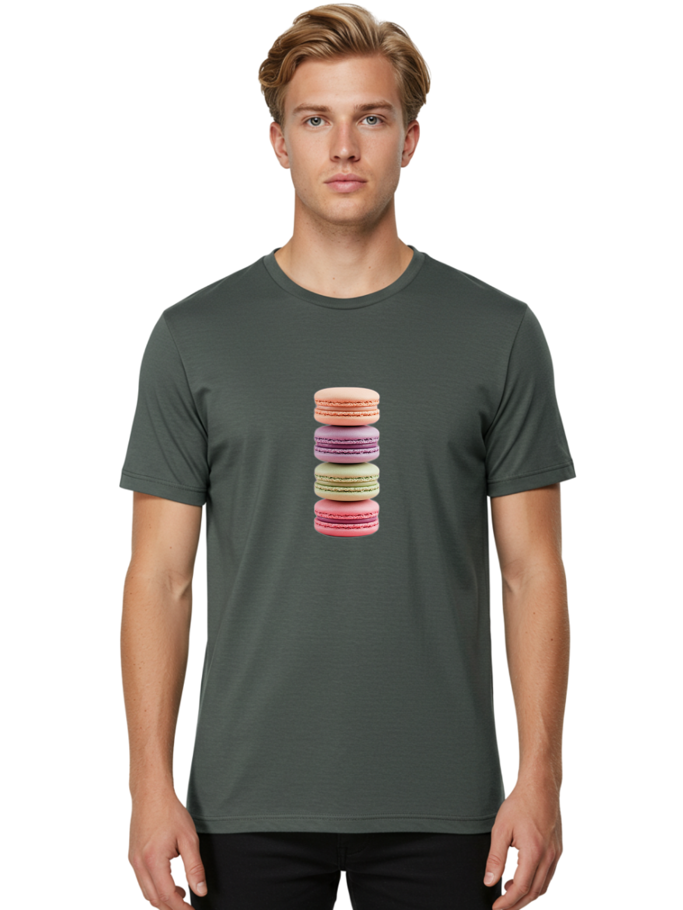 Macaron-Stack Men'S Graphic Tee, 100% Cotton, Comfortable Casual Summer Wear, Machine Washable, Colorful Macarons, Pastel Colors, Sweet Treats, Stacked Macarons, Macaron Tower, French Dessert, Baked Goods, Delicate Cookies, Sweet Indulgence, Baa938 8