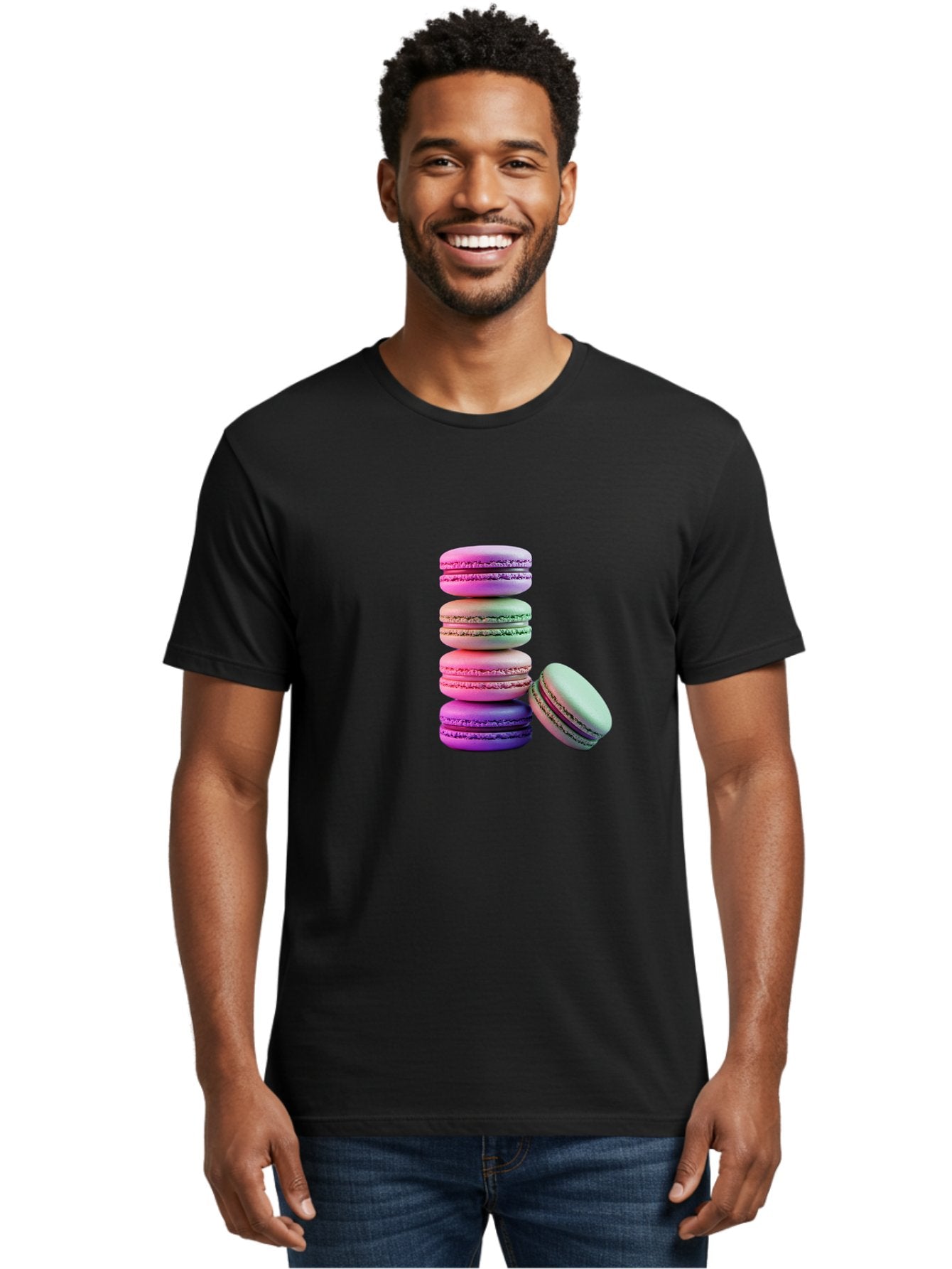 Macaron-Tower-1 Men'S Graphic Tee, 100% Cotton, Comfortable Casual Summer Wear, Machine Washable, Stacked Macarons, Colorful Treats, French Desserts, Sweet Indulgences, Pastel Colors, Layered Cookies, Creamy Fillings, Dessert Photography Baa939 23