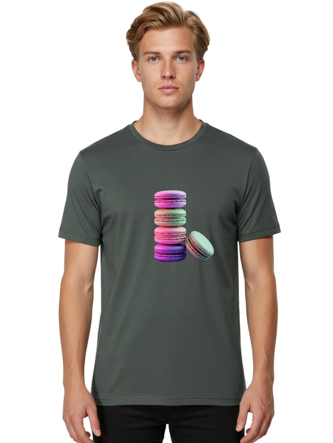 Macaron-Tower-1 Men'S Graphic Tee, 100% Cotton, Comfortable Casual Summer Wear, Machine Washable, Stacked Macarons, Colorful Treats, French Desserts, Sweet Indulgences, Pastel Colors, Layered Cookies, Creamy Fillings, Dessert Photography Baa939 19