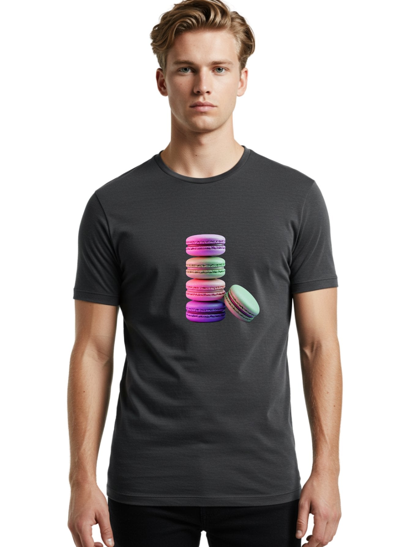 Macaron-Tower-1 Men'S Graphic Tee, 100% Cotton, Comfortable Casual Summer Wear, Machine Washable, Stacked Macarons, Colorful Treats, French Desserts, Sweet Indulgences, Pastel Colors, Layered Cookies, Creamy Fillings, Dessert Photography Baa939 22