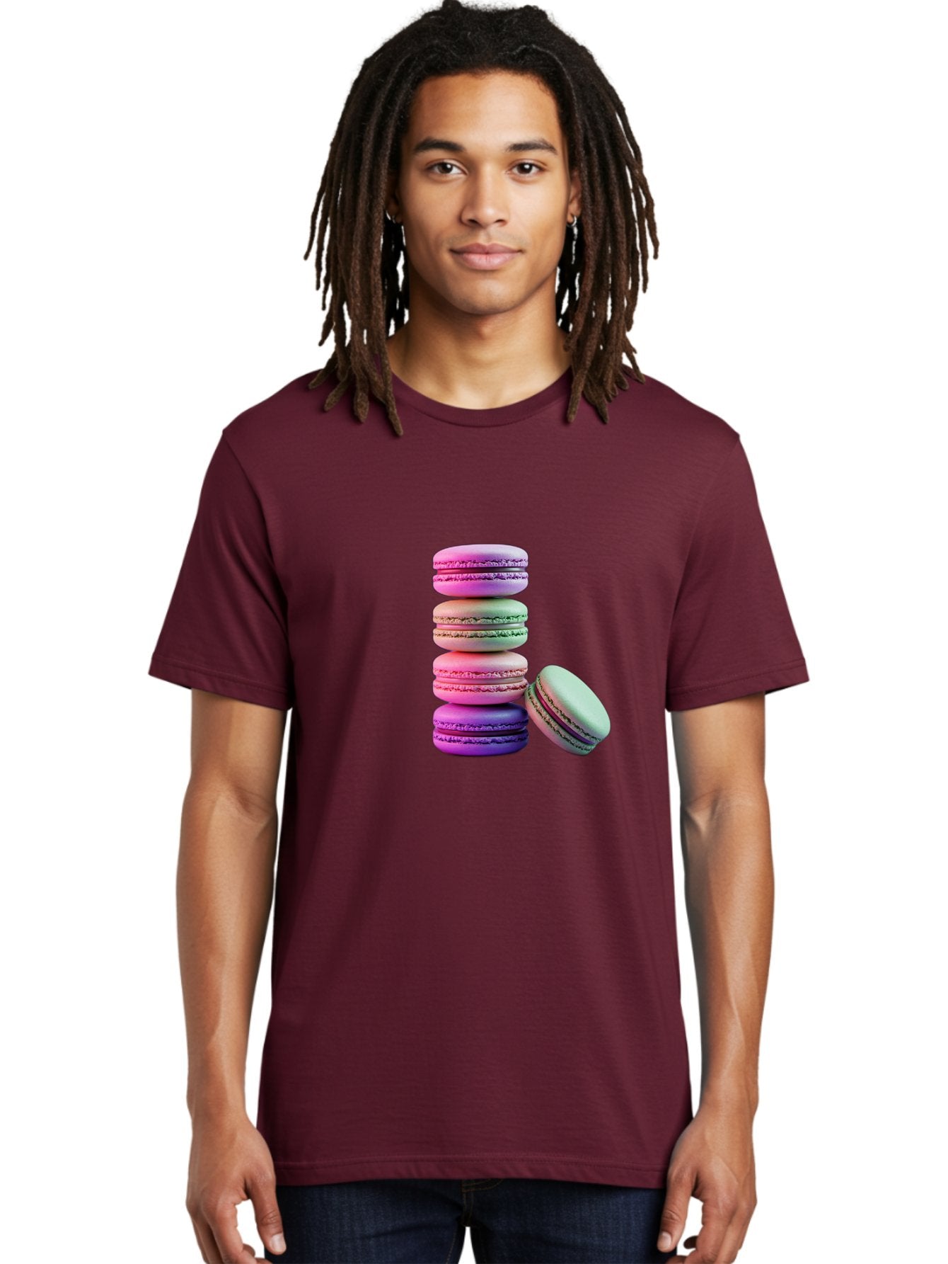 Macaron-Tower-1 Men'S Graphic Tee, 100% Cotton, Comfortable Casual Summer Wear, Machine Washable, Stacked Macarons, Colorful Treats, French Desserts, Sweet Indulgences, Pastel Colors, Layered Cookies, Creamy Fillings, Dessert Photography Baa939 16