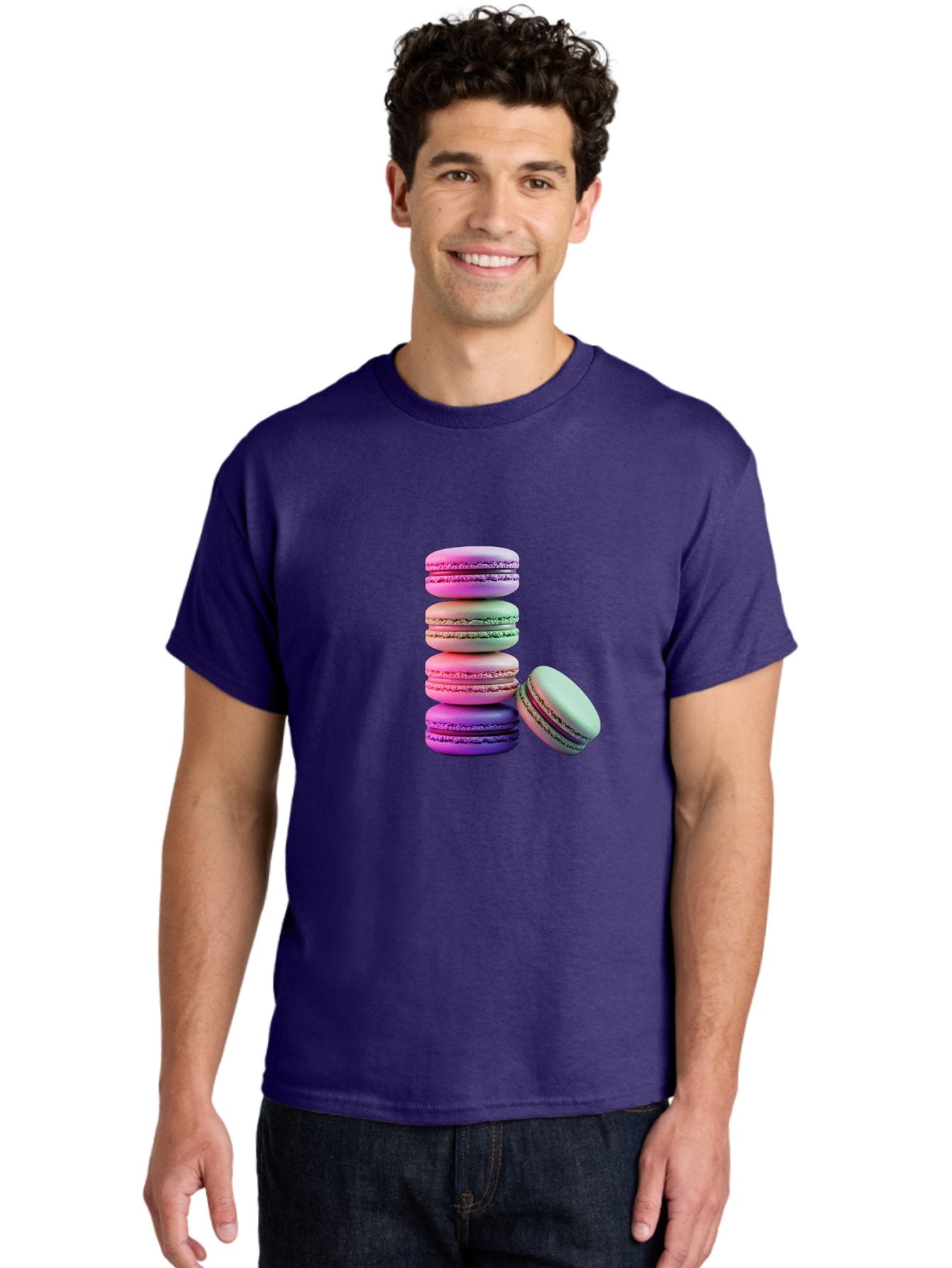 Macaron-Tower-1 Men'S Graphic Tee, 100% Cotton, Comfortable Casual Summer Wear, Machine Washable, Stacked Macarons, Colorful Treats, French Desserts, Sweet Indulgences, Pastel Colors, Layered Cookies, Creamy Fillings, Dessert Photography Baa939 17