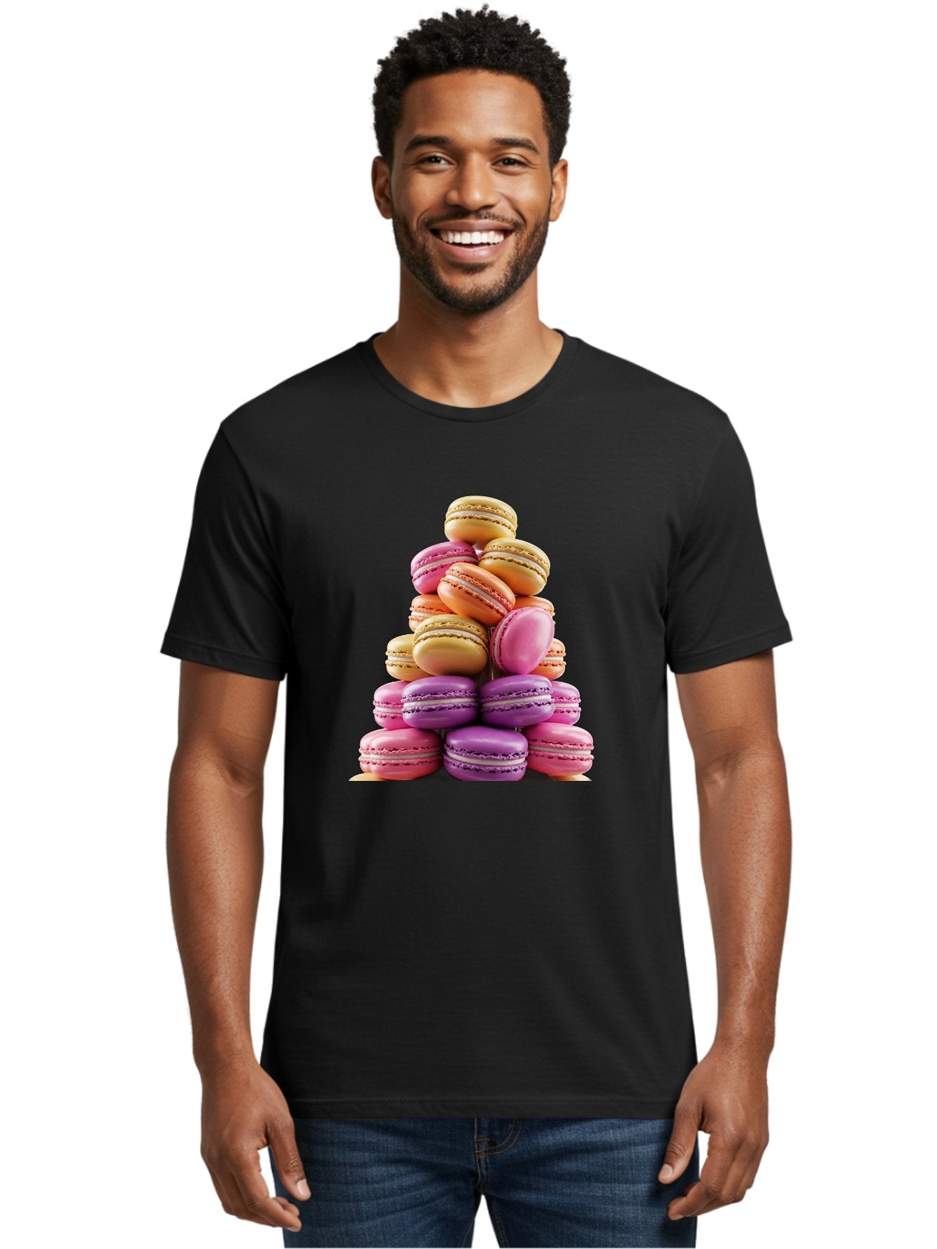 Macaron-Tower-2 Men'S Graphic Tee, 100% Cotton, Comfortable Casual Summer Wear, Machine Washable, Stack Of Macarons, Colorful Macarons, Pastel Colors, Dessert Display, Sweet Treats, French Patisserie, Macaron Stack, Pastel Pink, Purple, Baa940 17