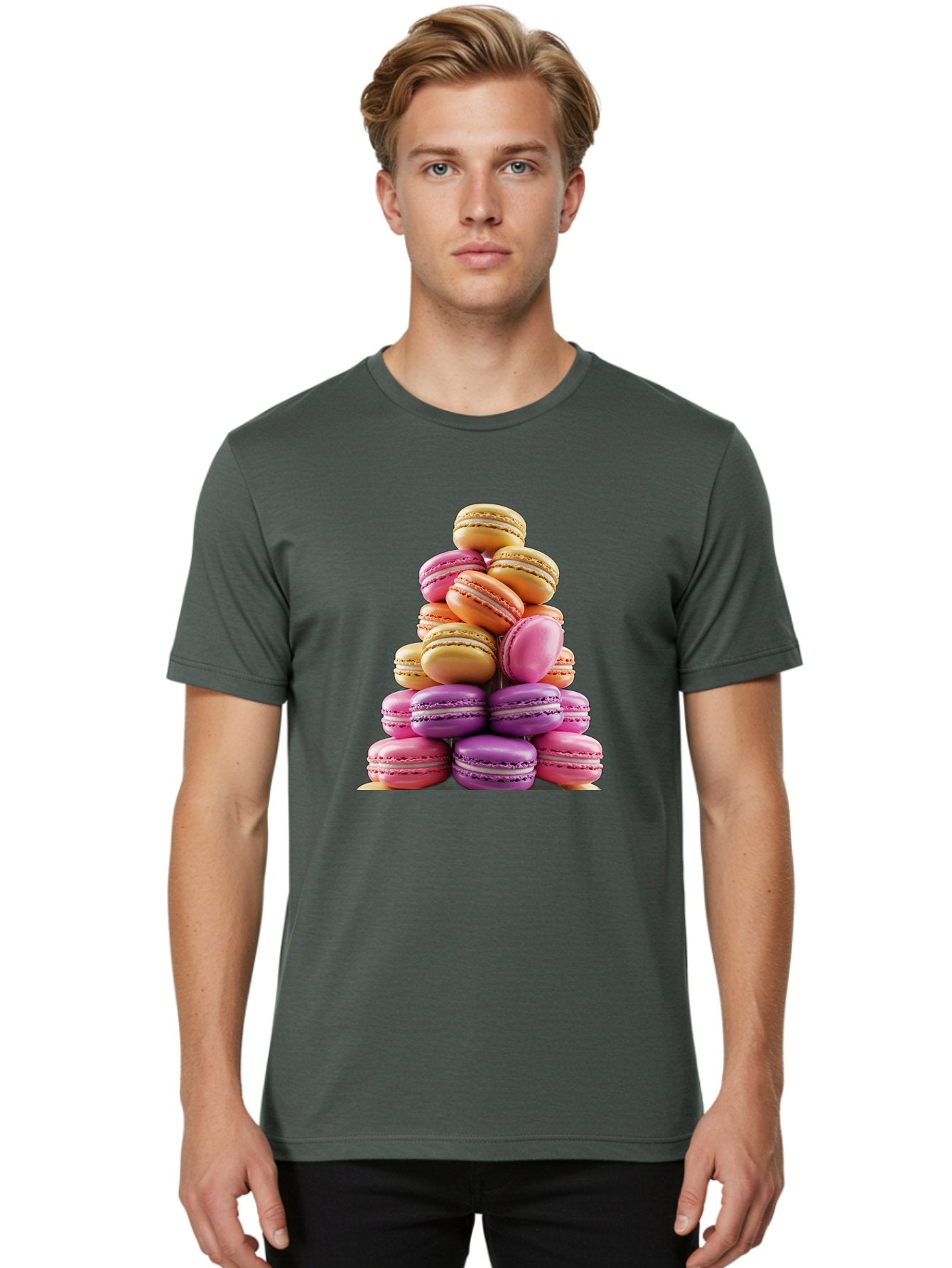 Macaron-Tower-2 Men'S Graphic Tee, 100% Cotton, Comfortable Casual Summer Wear, Machine Washable, Stack Of Macarons, Colorful Macarons, Pastel Colors, Dessert Display, Sweet Treats, French Patisserie, Macaron Stack, Pastel Pink, Purple, Baa940 16