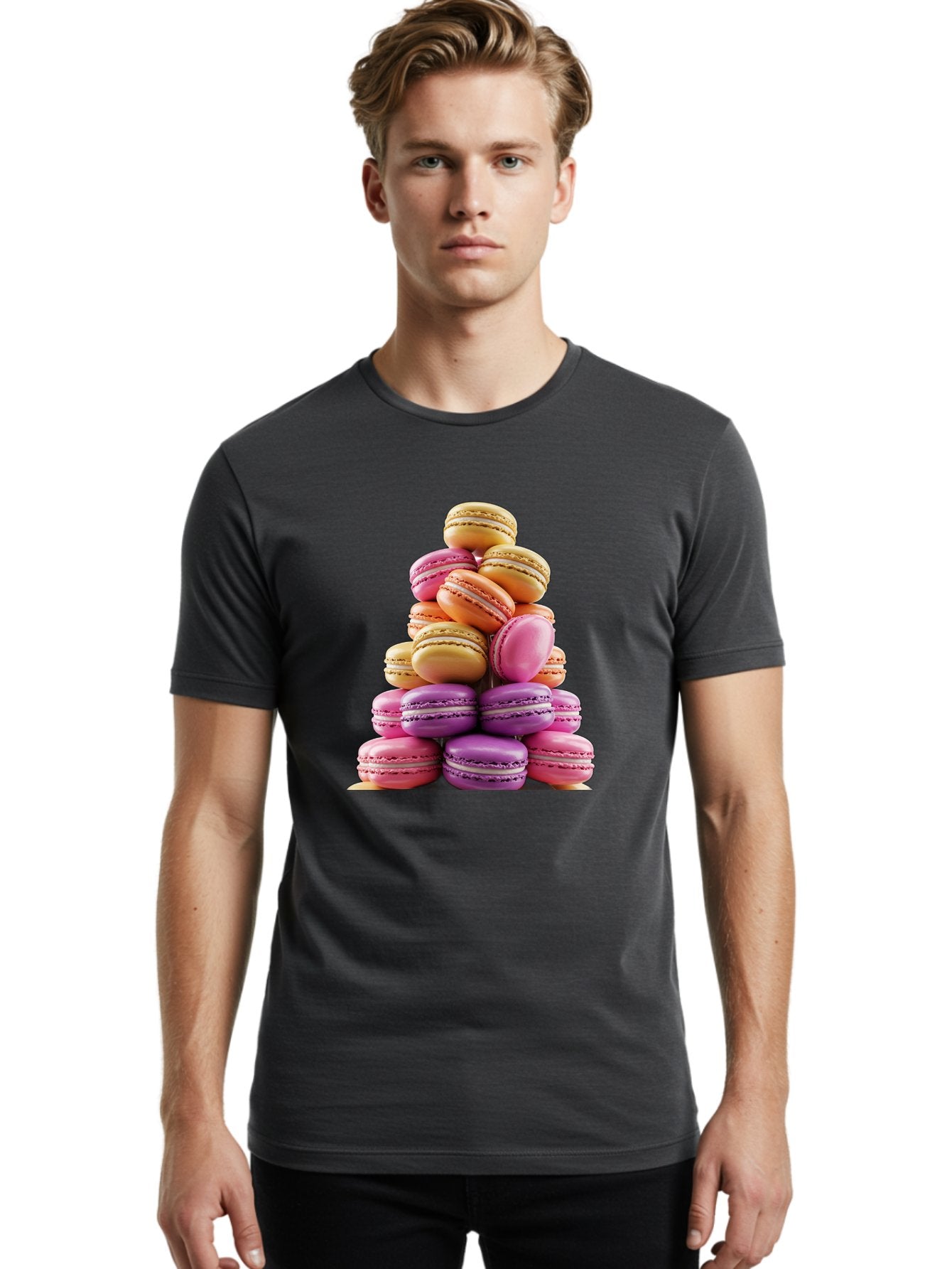 Macaron-Tower-2 Men'S Graphic Tee, 100% Cotton, Comfortable Casual Summer Wear, Machine Washable, Stack Of Macarons, Colorful Macarons, Pastel Colors, Dessert Display, Sweet Treats, French Patisserie, Macaron Stack, Pastel Pink, Purple, Baa940 20