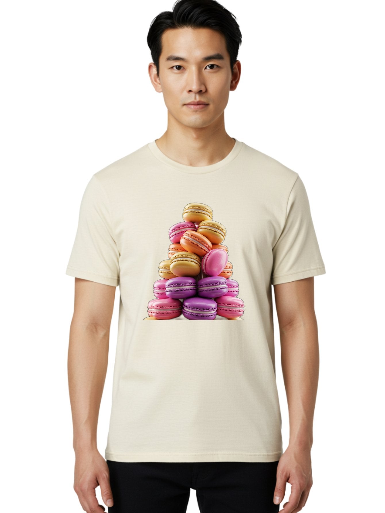 Macaron-Tower-2 Men'S Graphic Tee, 100% Cotton, Comfortable Casual Summer Wear, Machine Washable, Stack Of Macarons, Colorful Macarons, Pastel Colors, Dessert Display, Sweet Treats, French Patisserie, Macaron Stack, Pastel Pink, Purple, Baa940 30