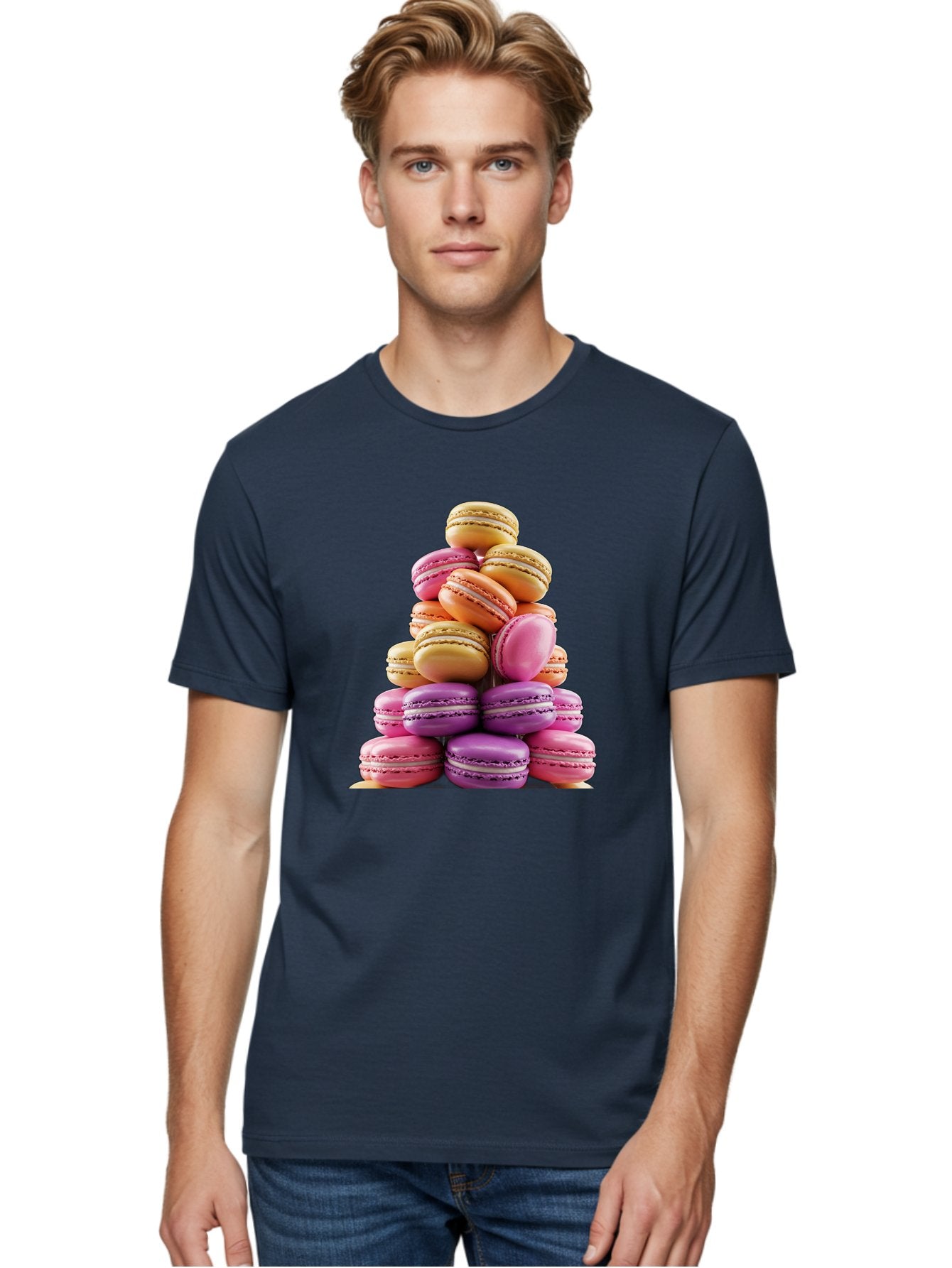 Macaron-Tower-2 Men'S Graphic Tee, 100% Cotton, Comfortable Casual Summer Wear, Machine Washable, Stack Of Macarons, Colorful Macarons, Pastel Colors, Dessert Display, Sweet Treats, French Patisserie, Macaron Stack, Pastel Pink, Purple, Baa940 21