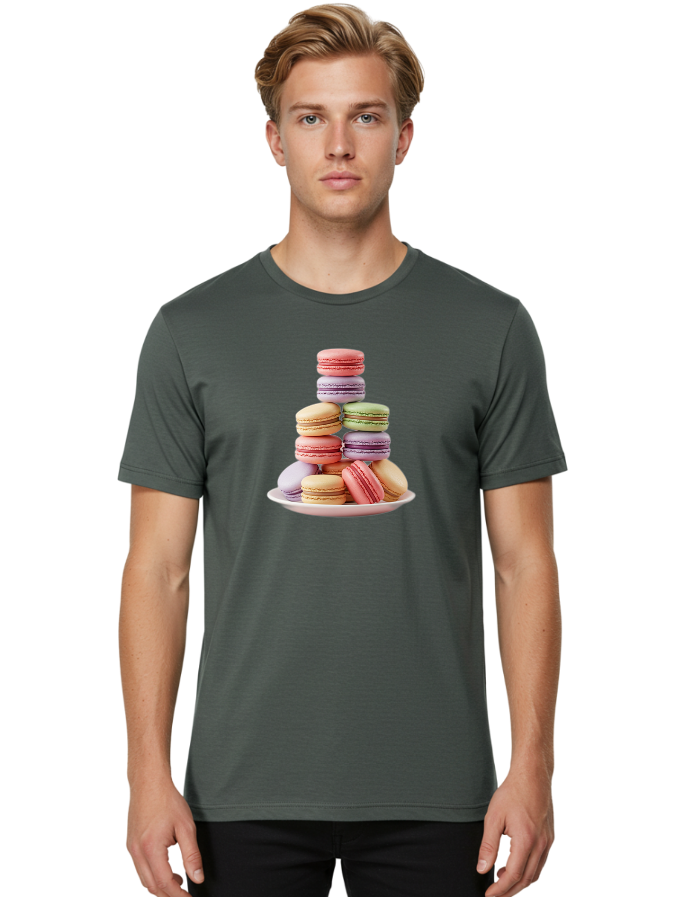 Macaron-Tower Men'S Graphic Tee, 100% Cotton, Comfortable Casual Summer Wear, Machine Washable, Colorful Macarons, Pastel Colors, Dessert Tower, French Patisserie, Sweet Treats, Macaron Stack, Vibrant Hues, Delicate Meringue, Baked Goods, Baa941 6