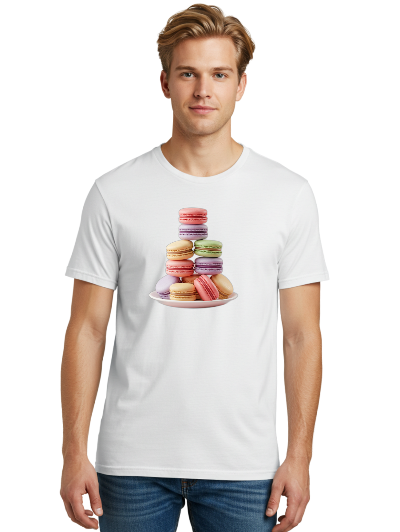Macaron-Tower Men'S Graphic Tee, 100% Cotton, Comfortable Casual Summer Wear, Machine Washable, Colorful Macarons, Pastel Colors, Dessert Tower, French Patisserie, Sweet Treats, Macaron Stack, Vibrant Hues, Delicate Meringue, Baked Goods, Baa941 24
