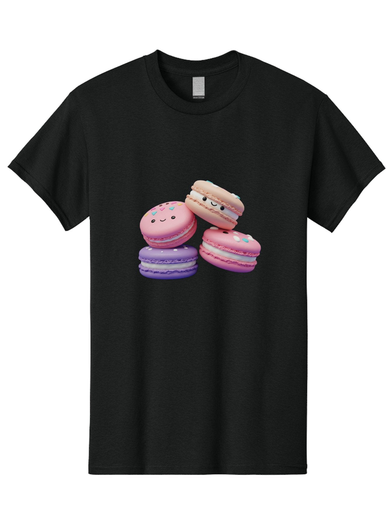 Macarons-1 Men'S Graphic Tee, 100% Cotton, Comfortable Casual Summer Wear, Machine Washable, Colorful Macarons, Pink Macarons, Purple Macarons, White Filling, Cute Faces, Cartoon Desserts, Sweet Treats, Pastel Colors, Desserts With Faces, Baa943 5