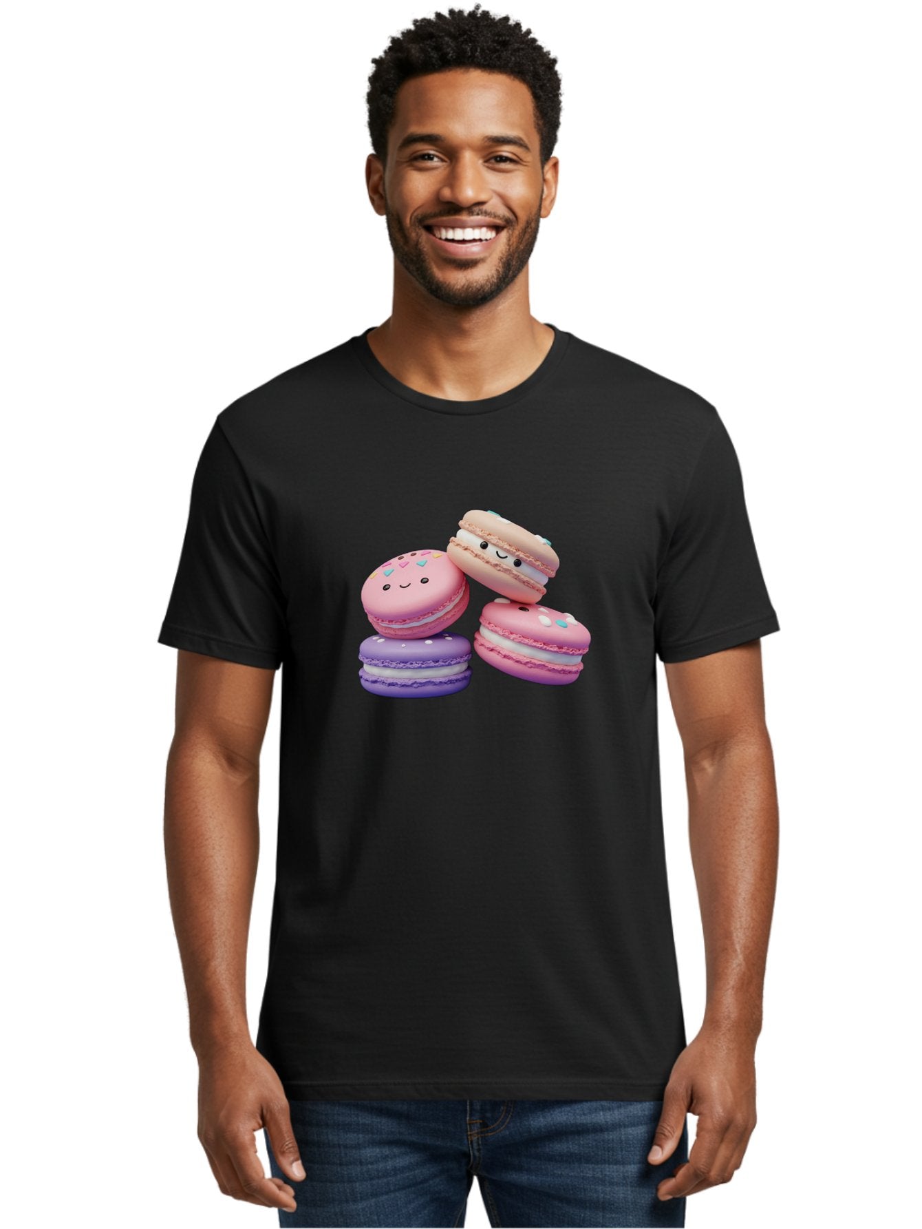 Macarons-1 Men'S Graphic Tee, 100% Cotton, Comfortable Casual Summer Wear, Machine Washable, Colorful Macarons, Pink Macarons, Purple Macarons, White Filling, Cute Faces, Cartoon Desserts, Sweet Treats, Pastel Colors, Desserts With Faces, Baa943 23