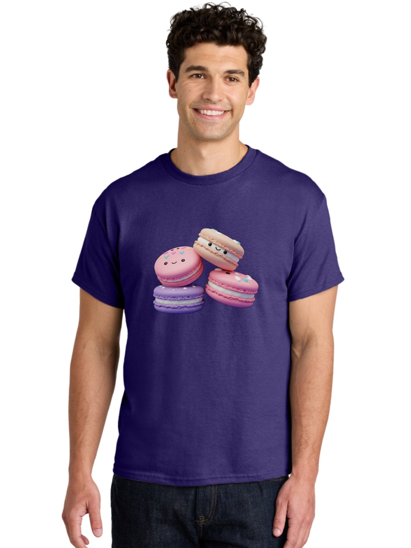 Macarons-1 Men'S Graphic Tee, 100% Cotton, Comfortable Casual Summer Wear, Machine Washable, Colorful Macarons, Pink Macarons, Purple Macarons, White Filling, Cute Faces, Cartoon Desserts, Sweet Treats, Pastel Colors, Desserts With Faces, Baa943 20
