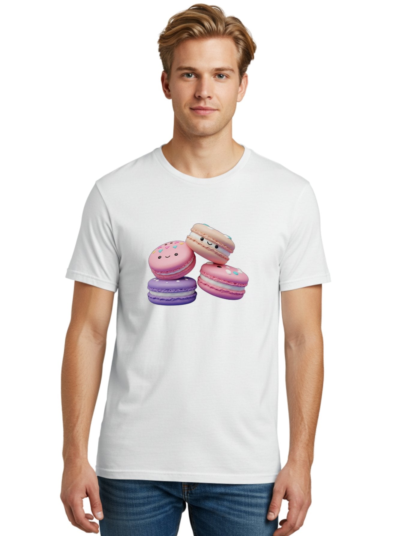 Macarons-1 Men'S Graphic Tee, 100% Cotton, Comfortable Casual Summer Wear, Machine Washable, Colorful Macarons, Pink Macarons, Purple Macarons, White Filling, Cute Faces, Cartoon Desserts, Sweet Treats, Pastel Colors, Desserts With Faces, Baa943 28