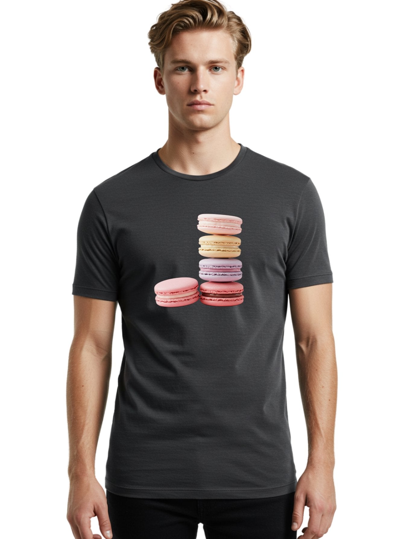 Macarons-3 Men'S Graphic Tee, 100% Cotton, Comfortable Casual Summer Wear, Machine Washable, Stacked Macarons, Pastel Colors, Pink, Purple, Beige, Dessert, Sweet Treats, French Macarons, Delicate Meringue-Based Cookies, Creamy Fillings, Baa947 22