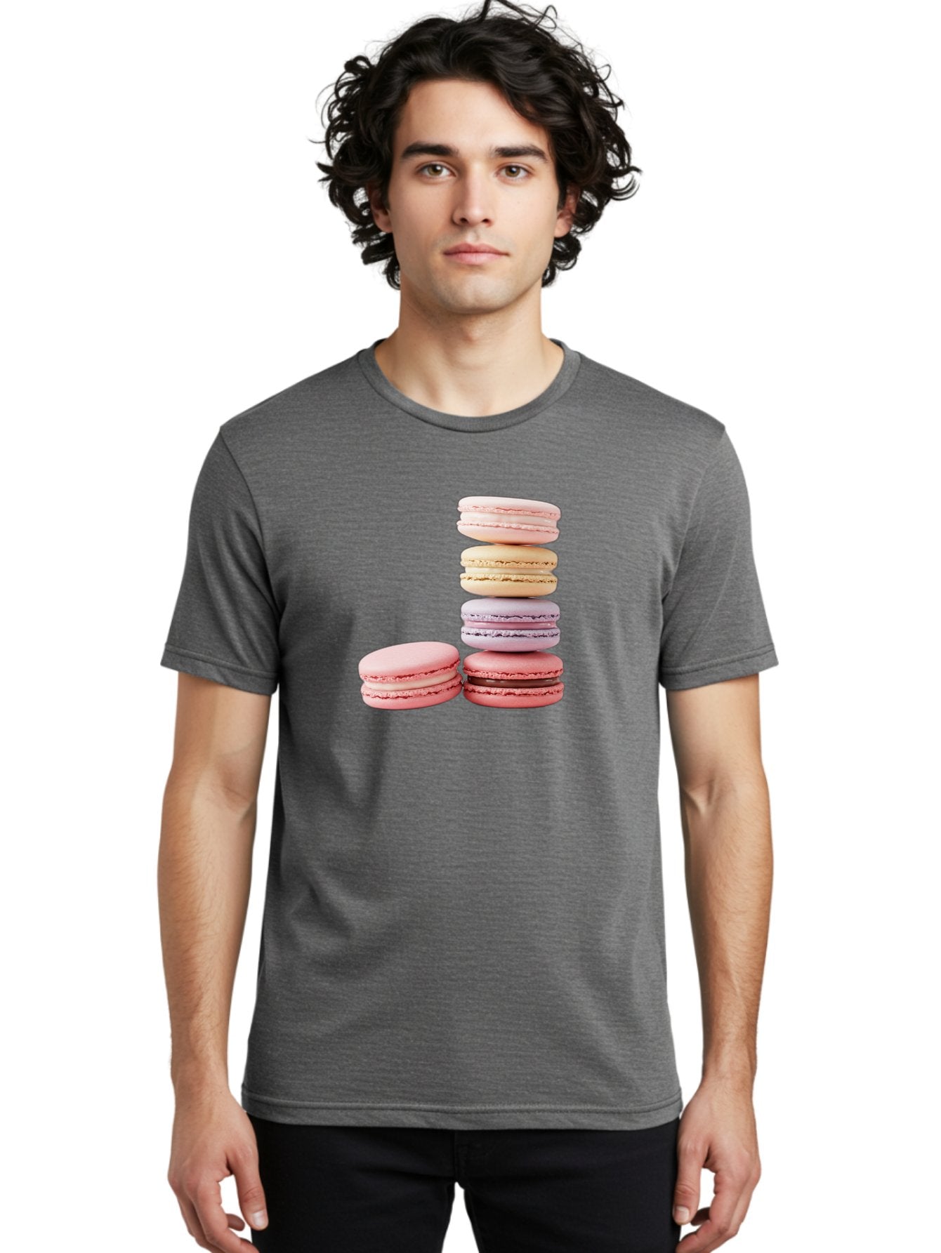 Macarons-3 Men'S Graphic Tee, 100% Cotton, Comfortable Casual Summer Wear, Machine Washable, Stacked Macarons, Pastel Colors, Pink, Purple, Beige, Dessert, Sweet Treats, French Macarons, Delicate Meringue-Based Cookies, Creamy Fillings, Baa947 21