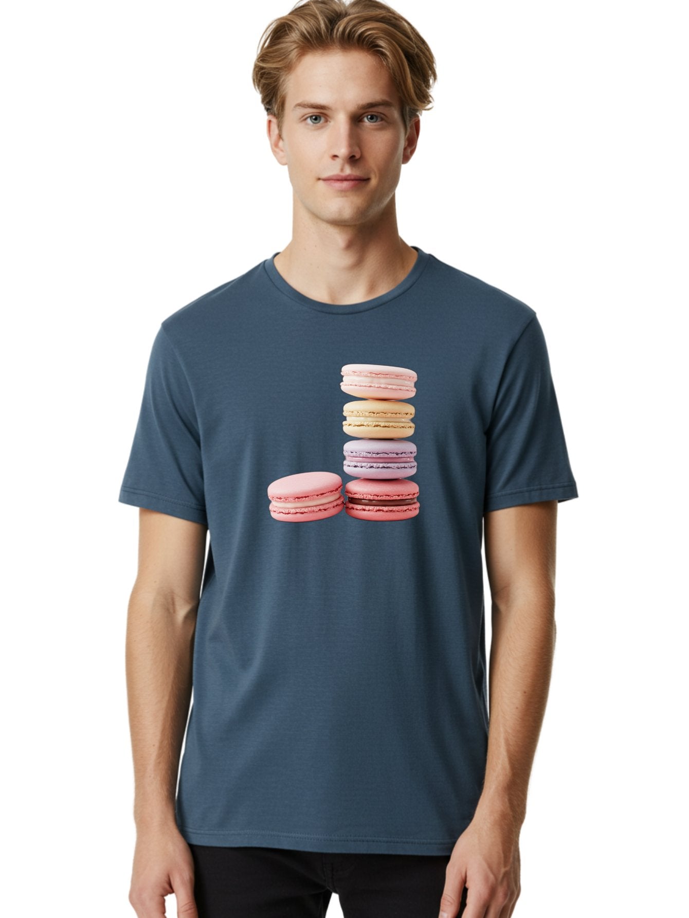 Macarons-3 Men'S Graphic Tee, 100% Cotton, Comfortable Casual Summer Wear, Machine Washable, Stacked Macarons, Pastel Colors, Pink, Purple, Beige, Dessert, Sweet Treats, French Macarons, Delicate Meringue-Based Cookies, Creamy Fillings, Baa947 25