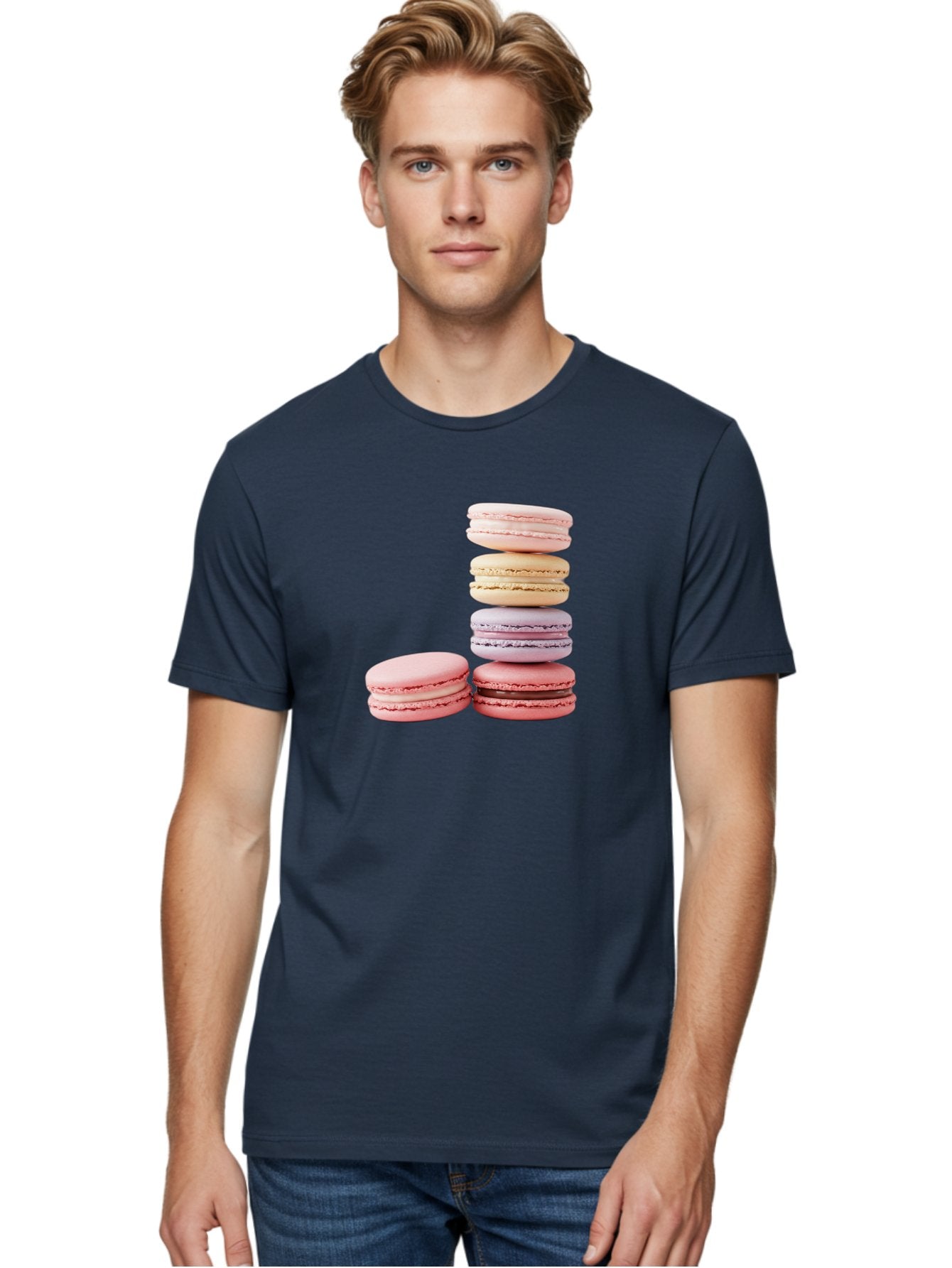 Macarons-3 Men'S Graphic Tee, 100% Cotton, Comfortable Casual Summer Wear, Machine Washable, Stacked Macarons, Pastel Colors, Pink, Purple, Beige, Dessert, Sweet Treats, French Macarons, Delicate Meringue-Based Cookies, Creamy Fillings, Baa947 17
